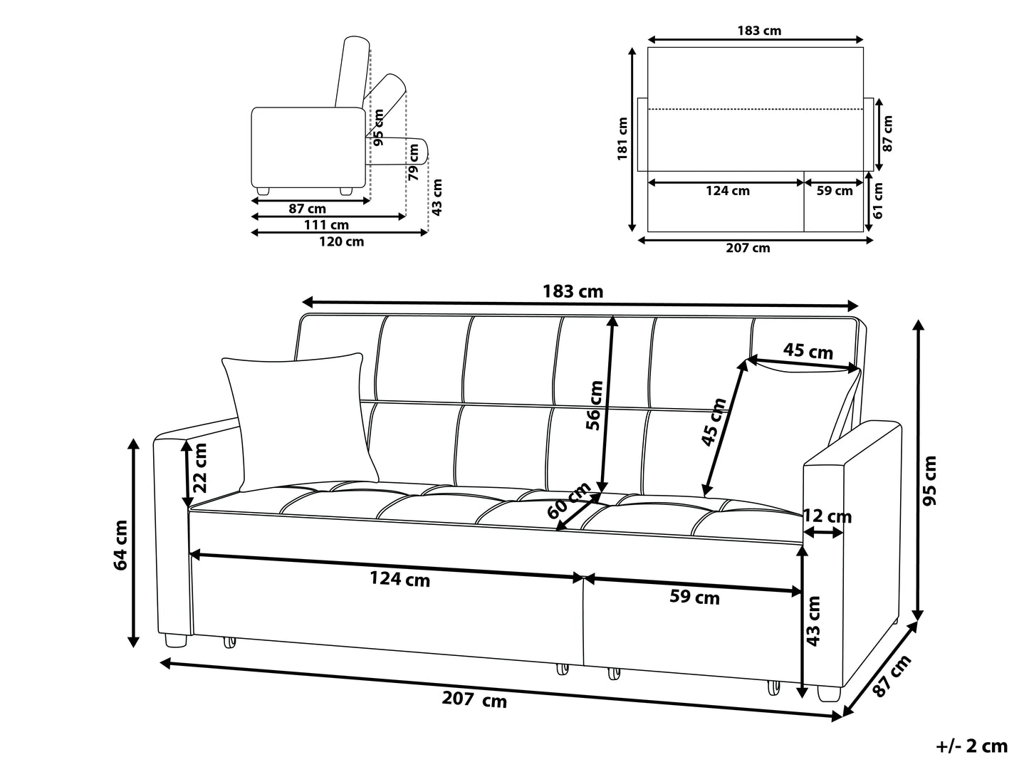 Sofa Bed 3 Seater GLOMMA Fabric Black