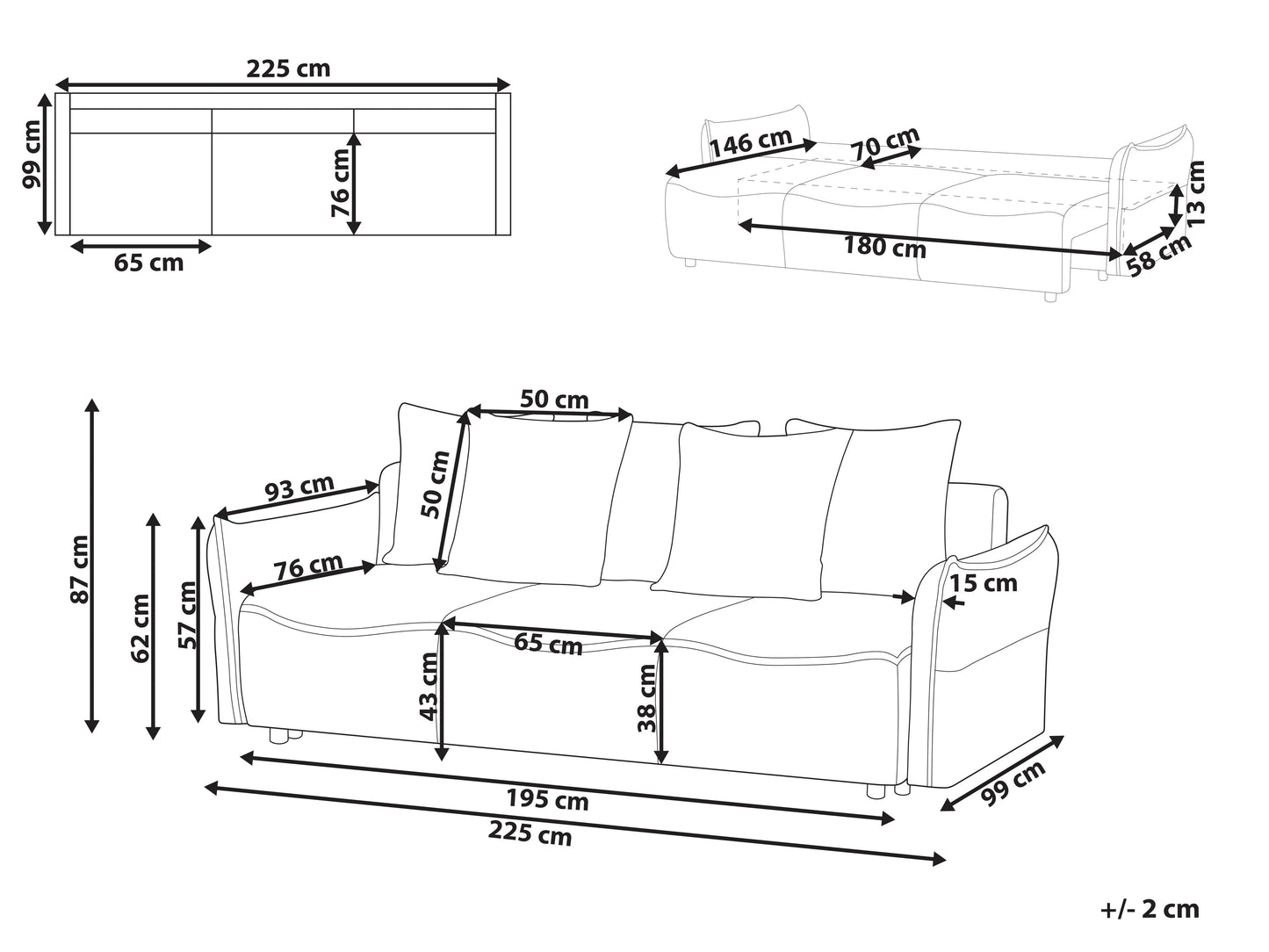 Sofa Bed 3 Seater KRAMA Fabric Off-White With Storage