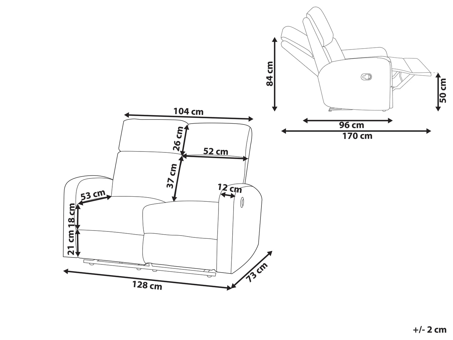 Electric Recliner Sofa 2 Seater VERDAL Velvet Off-White