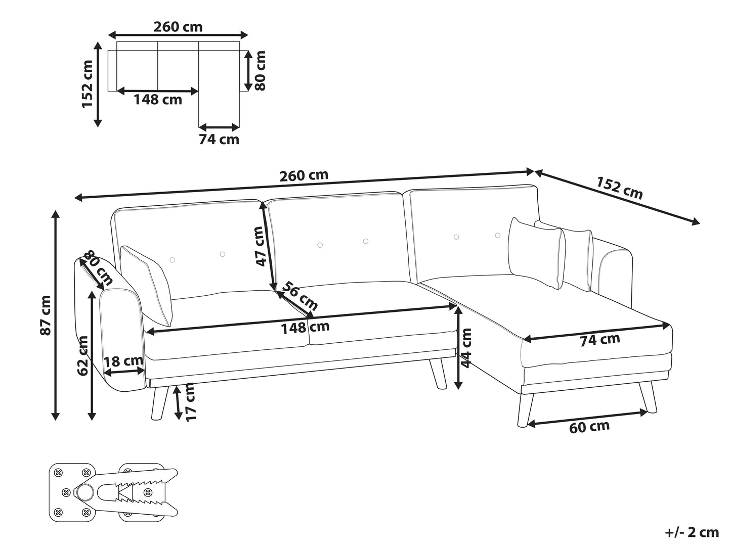 Corner Sofa Bed 3 Seater KAARINA Fabric Light Brown Left Hand