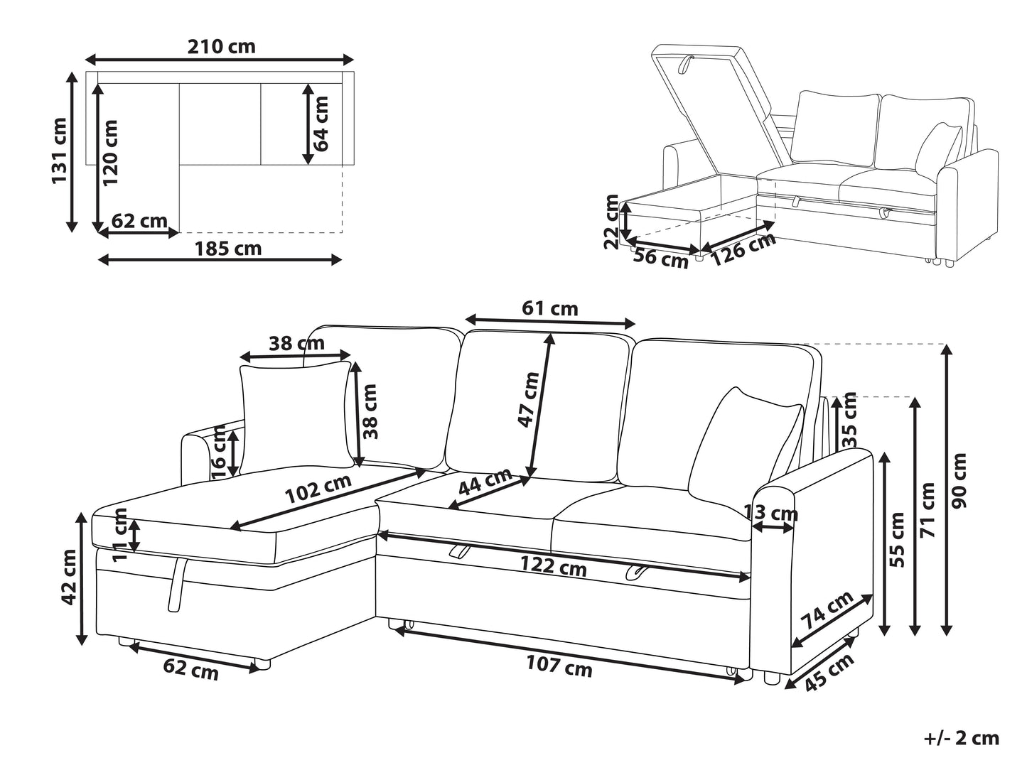 Corner Sofa Bed 3 Seater NASSJO Faux Linen Black Right Hand