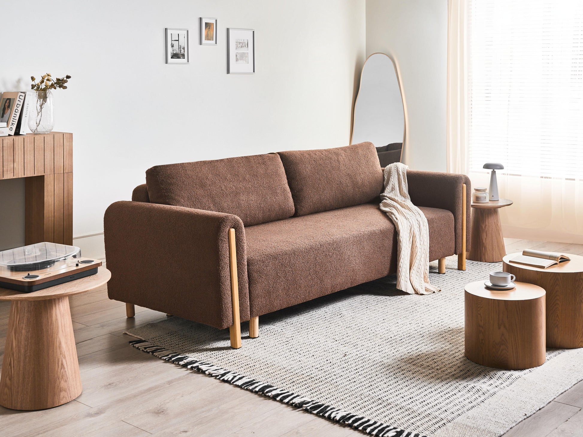  Sofa Bed 3 Seater KVAM Boucle Brown With Storage