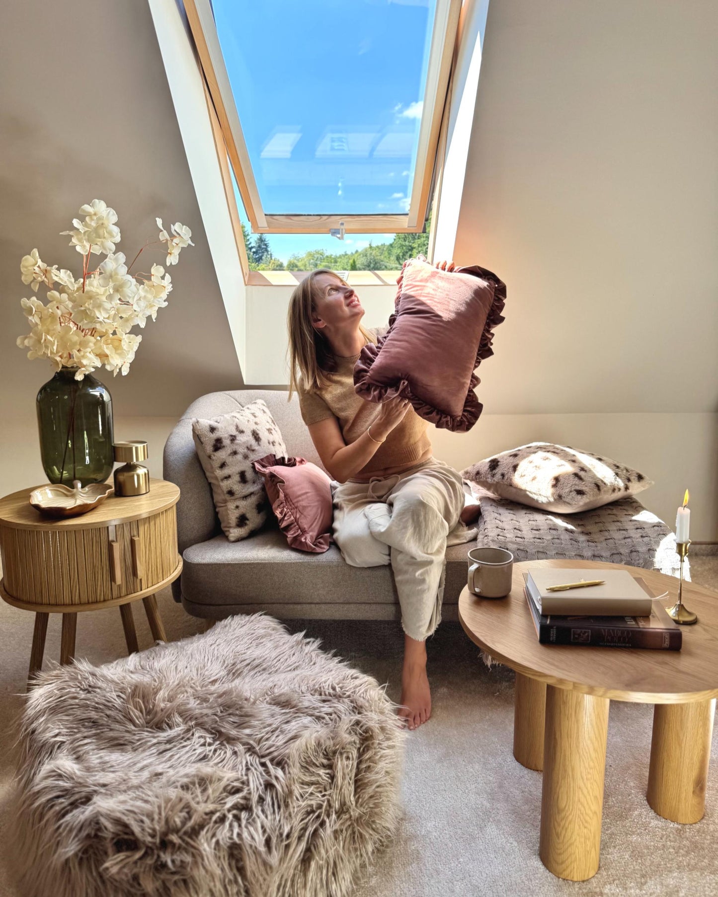  Left-Hand Chaise Lounge TANLAY Fabric Light Brown