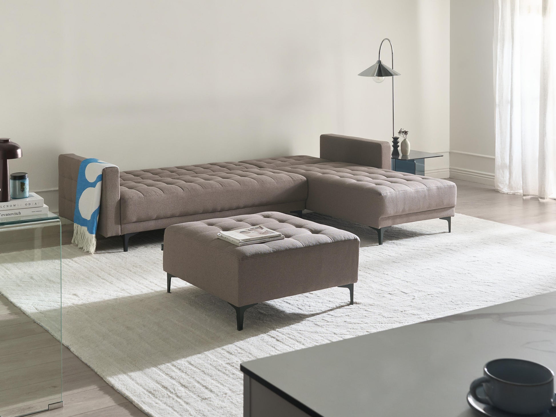  Modular Corner Sofa Bed 4 Seater ABERDEEN Fabric Taupe With Ottoman Left Hand
