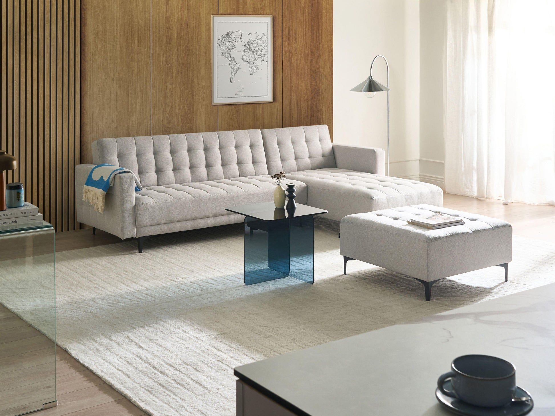  Modular Corner Sofa Bed 4 Seater ABERDEEN Fabric Light Grey With Ottoman Left Hand