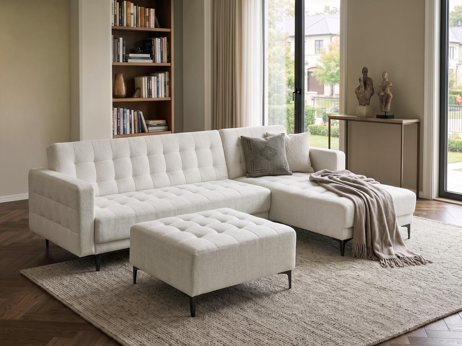  Modular Corner Sofa Bed 4 Seater ABERDEEN Fabric Off-White With Ottoman Left Hand