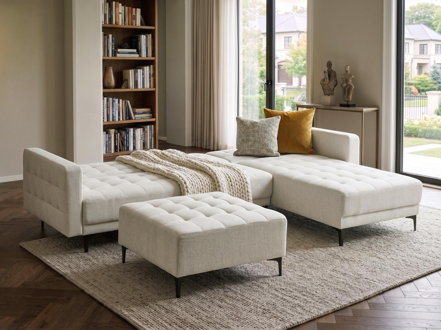  Modular Corner Sofa Bed 4 Seater ABERDEEN Fabric Off-White With Ottoman Left Hand