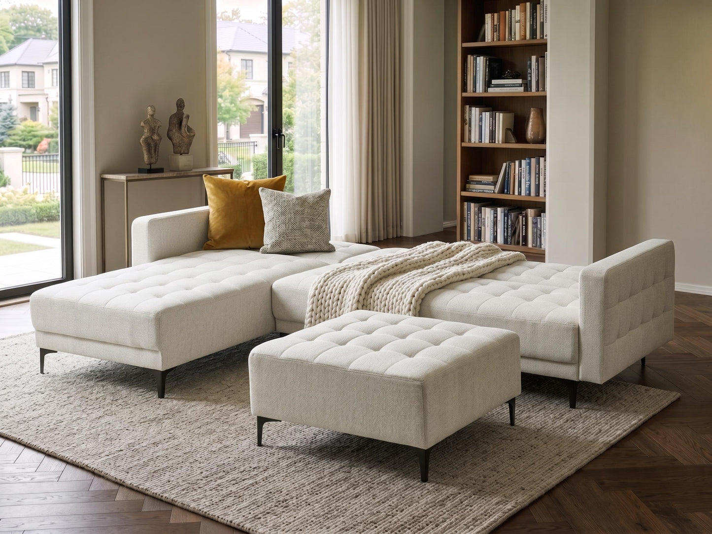  Modular Corner Sofa Bed 4 Seater ABERDEEN Fabric Off-White With Ottoman Right Hand