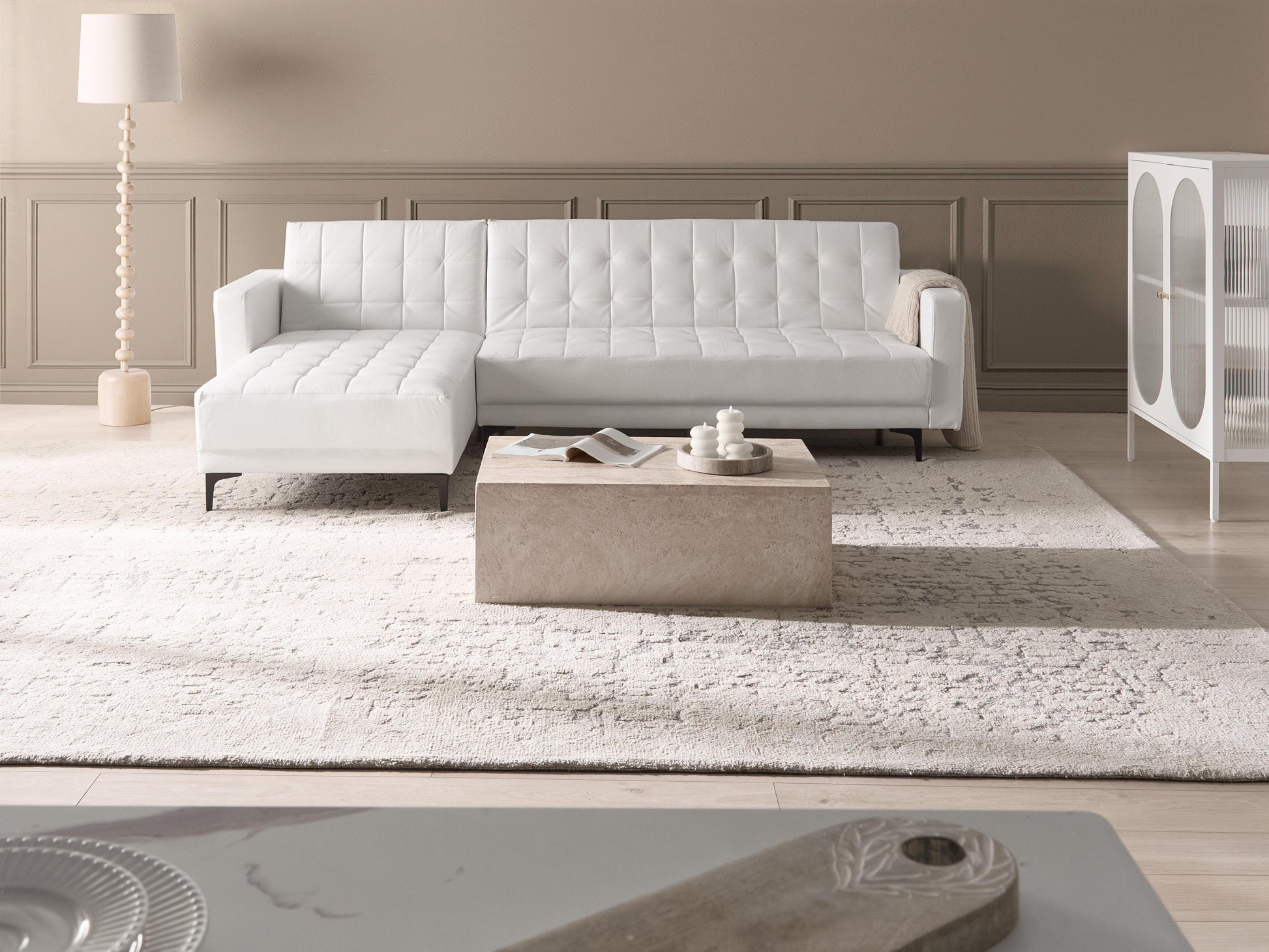  Modular Corner Sofa Bed 4 Seater ABERDEEN Faux Leather White Right Hand