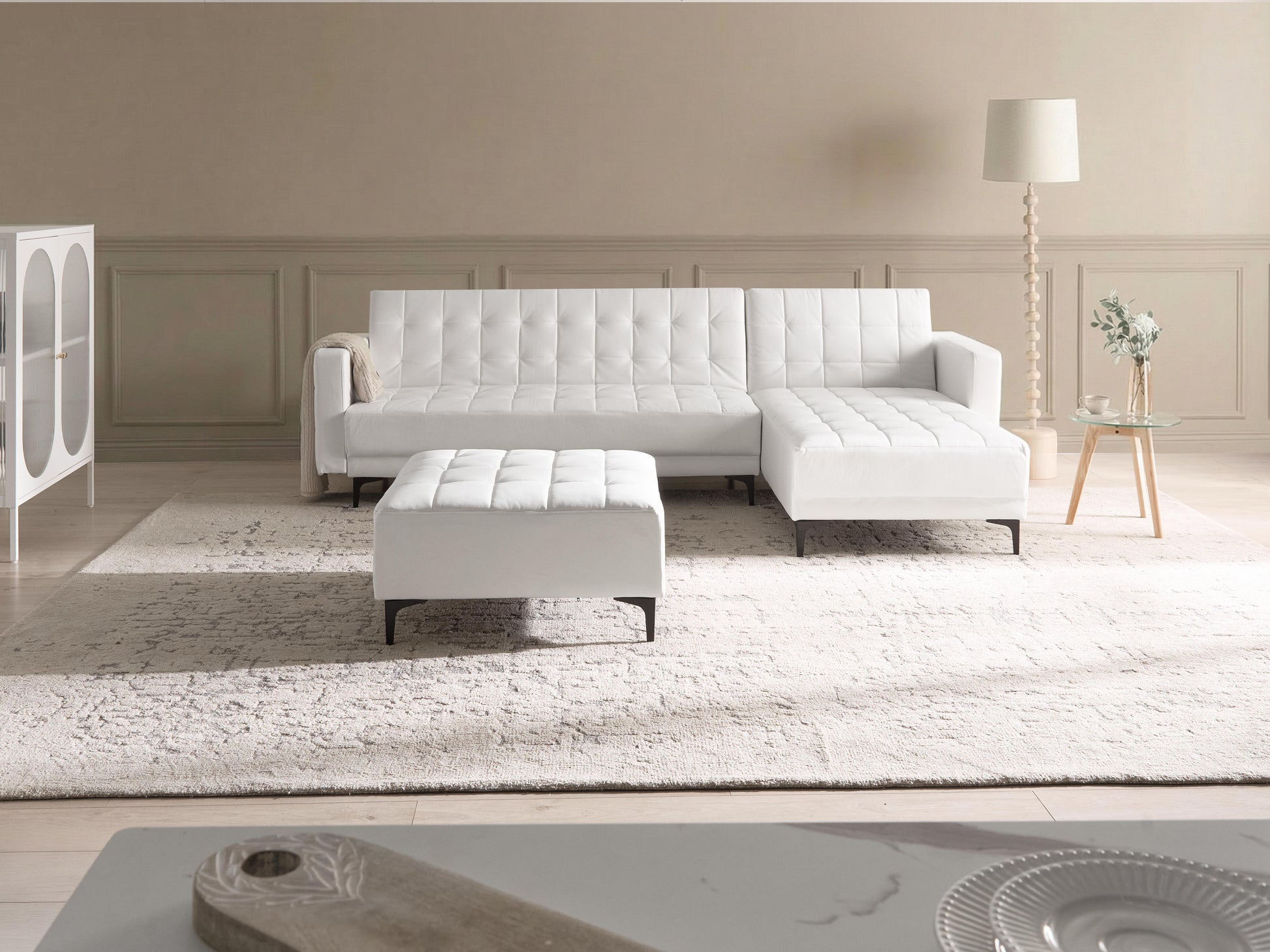  Modular Corner Sofa Bed 4 Seater ABERDEEN Faux Leather White With Ottoman Left Hand