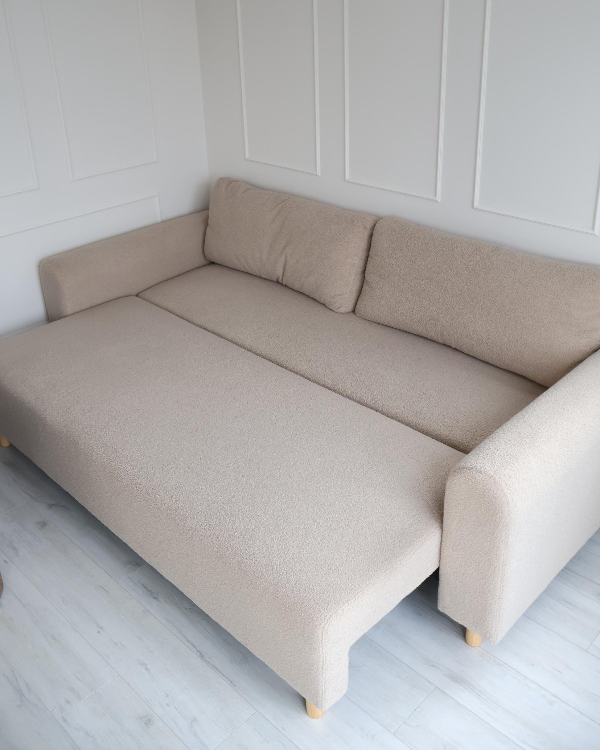  Sofa Bed 3 Seater KVAM Boucle Light Beige With Storage