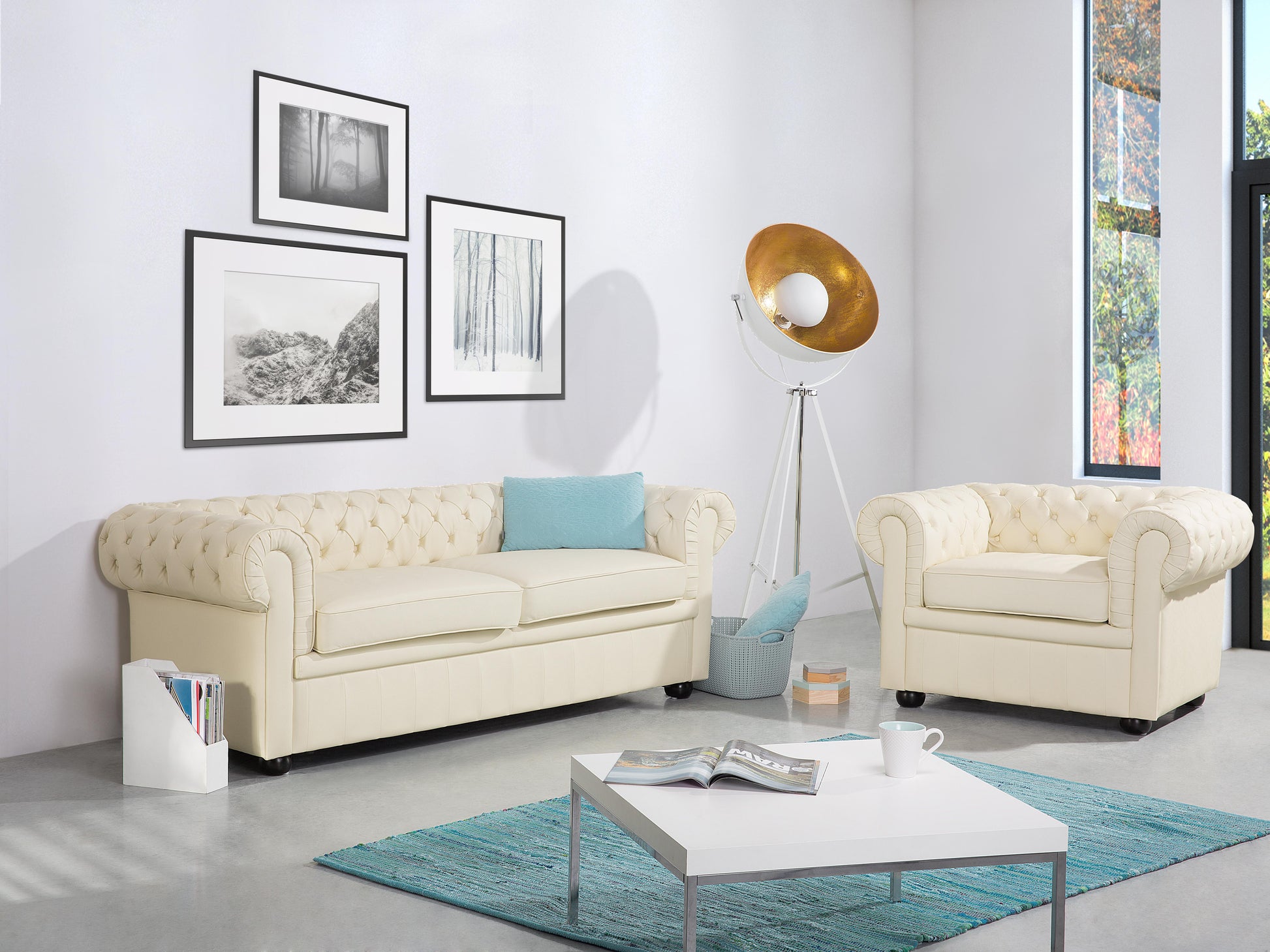  Sofa 3 Seater CHESTERFIELD Leather Light Beige