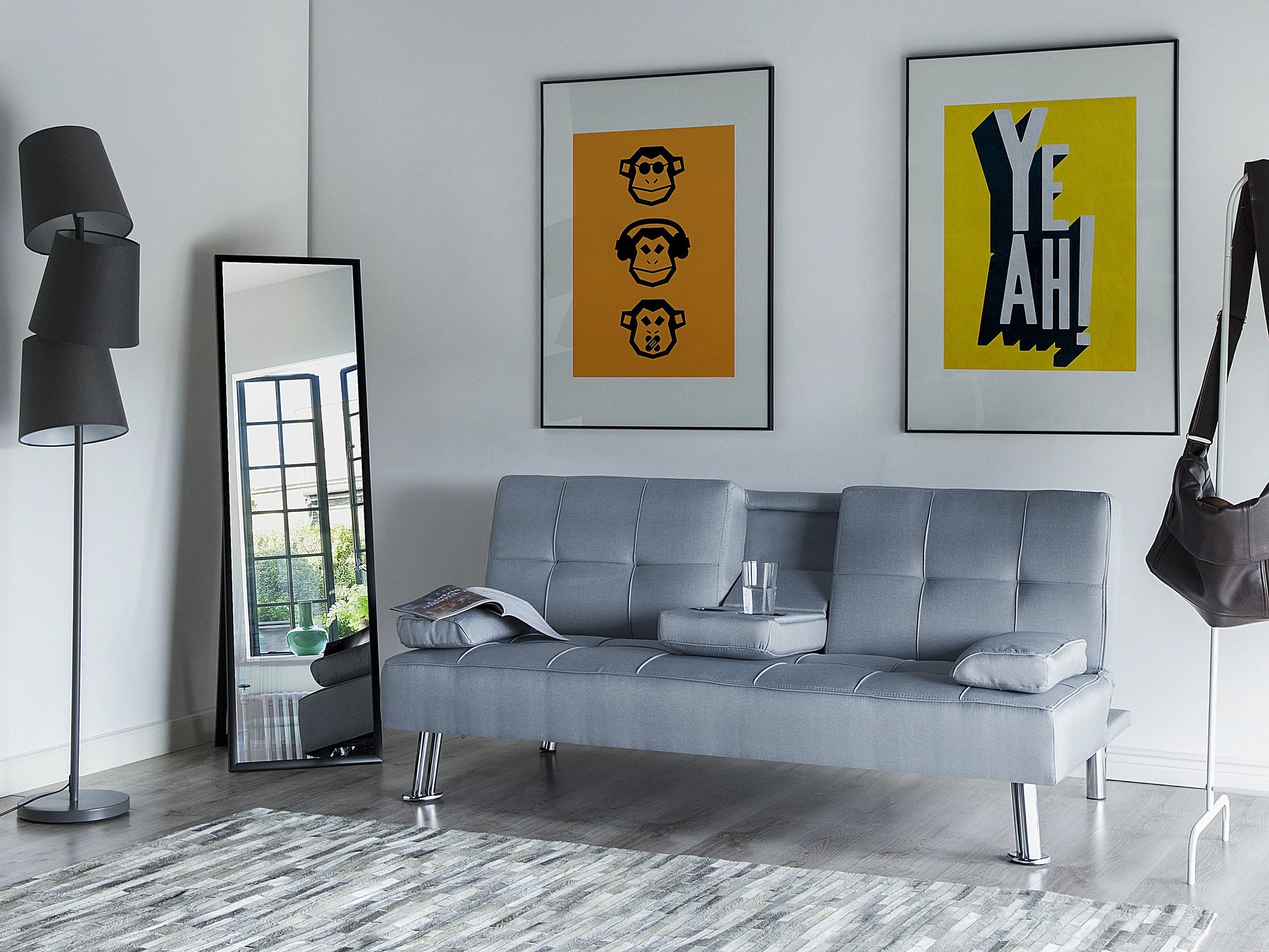 Sofa Bed 3 Seater ROXEN Fabric Light Grey