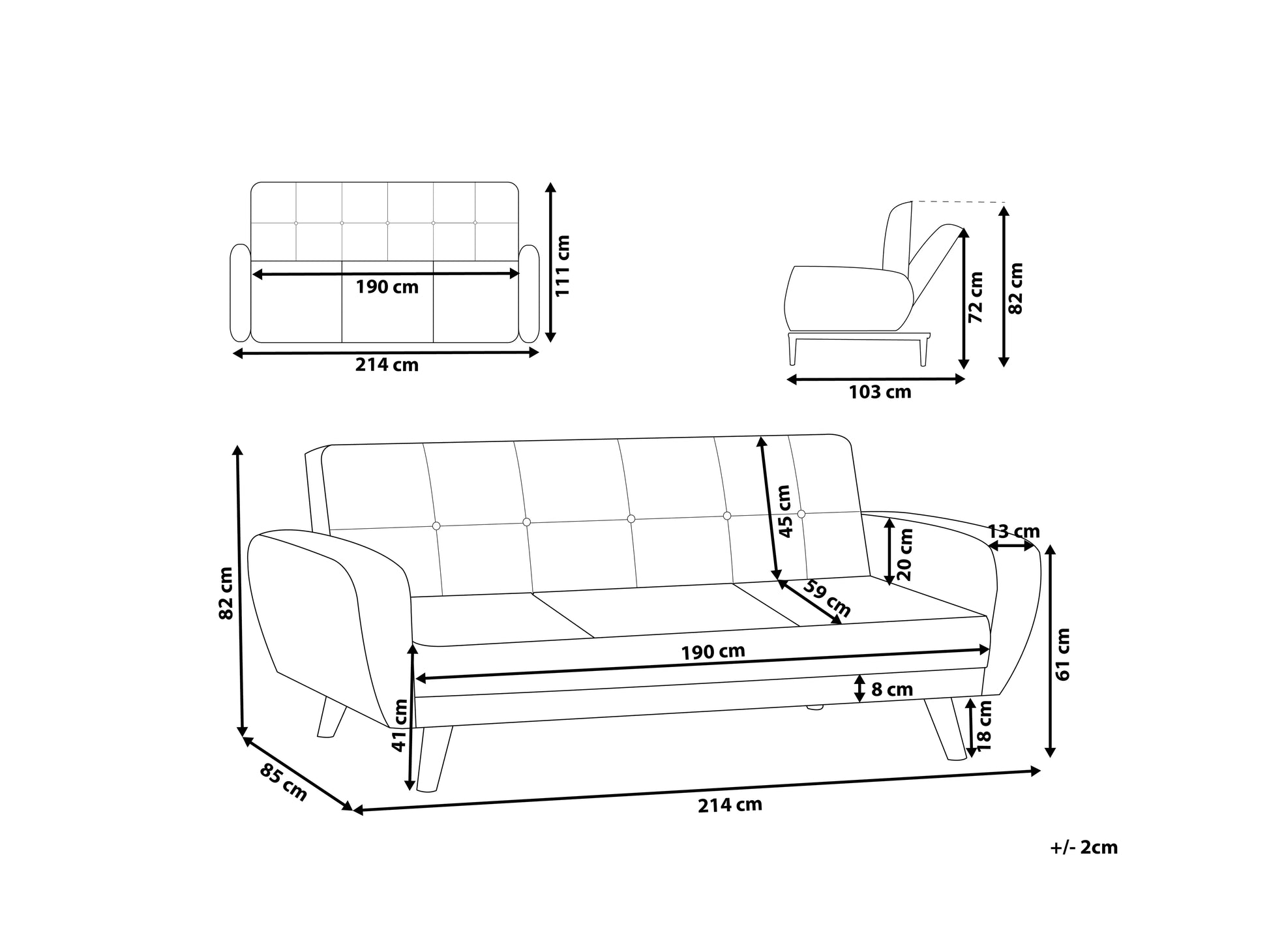  Sofa Bed 3 Seater FLORLI Fabric Black