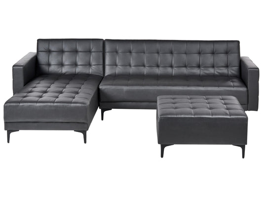  Modular Corner Sofa Bed 4 Seater ABERDEEN Faux Leather Black With Ottoman Right Hand