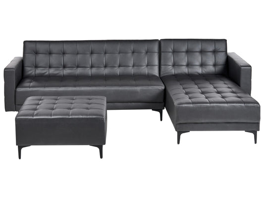  Modular Corner Sofa Bed 4 Seater ABERDEEN Faux Leather Black With Ottoman Left Hand