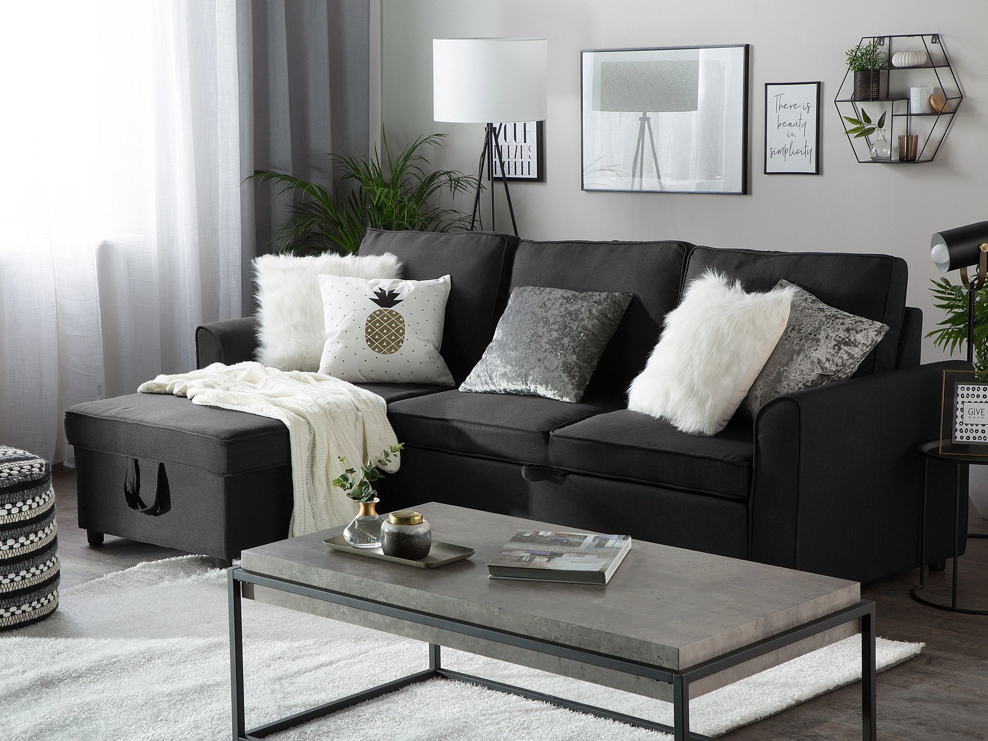  Corner Sofa Bed 3 Seater NESNA Fabric Black With Storage Right Hand