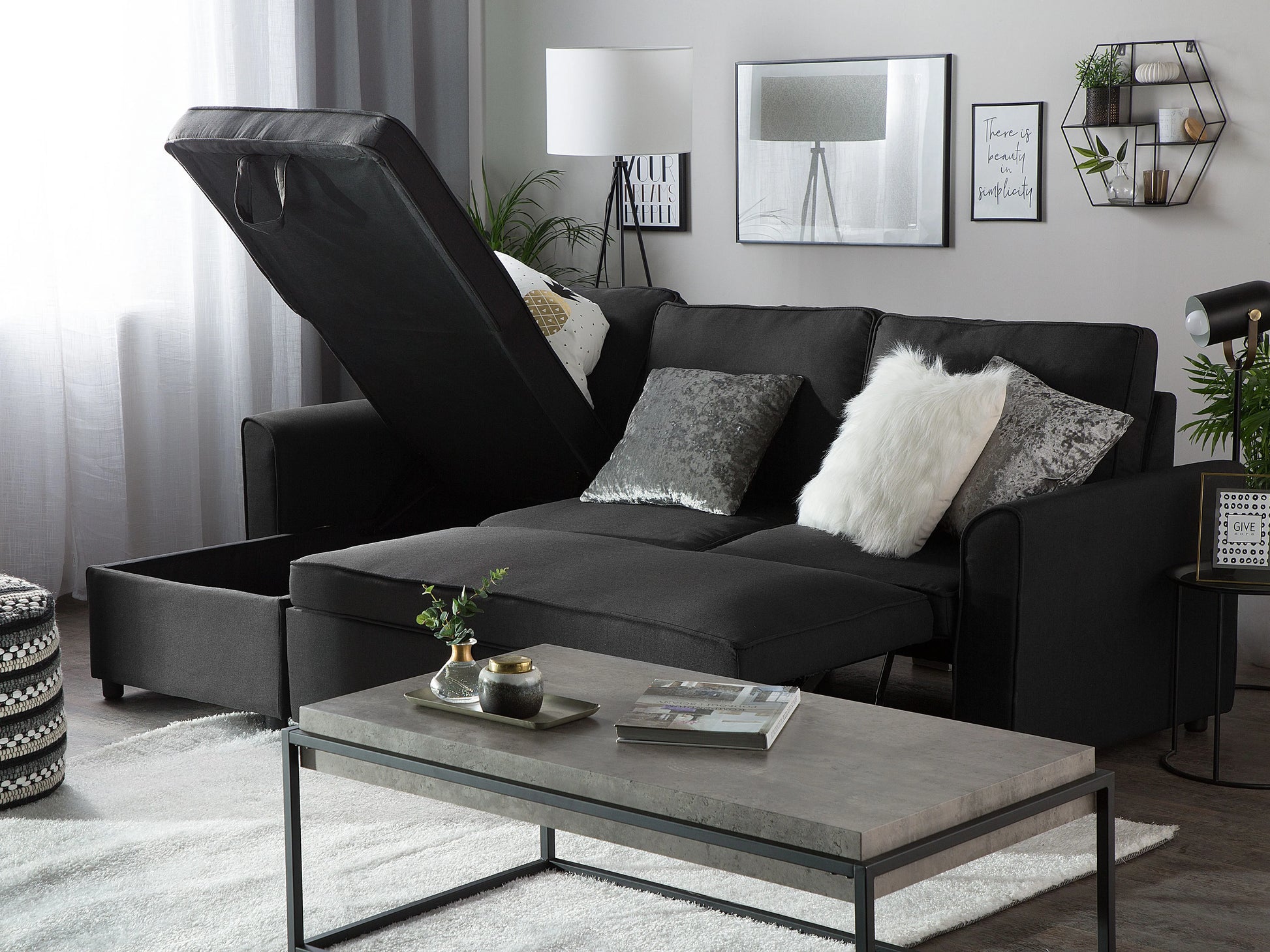  Corner Sofa Bed 3 Seater NESNA Fabric Black With Storage Right Hand