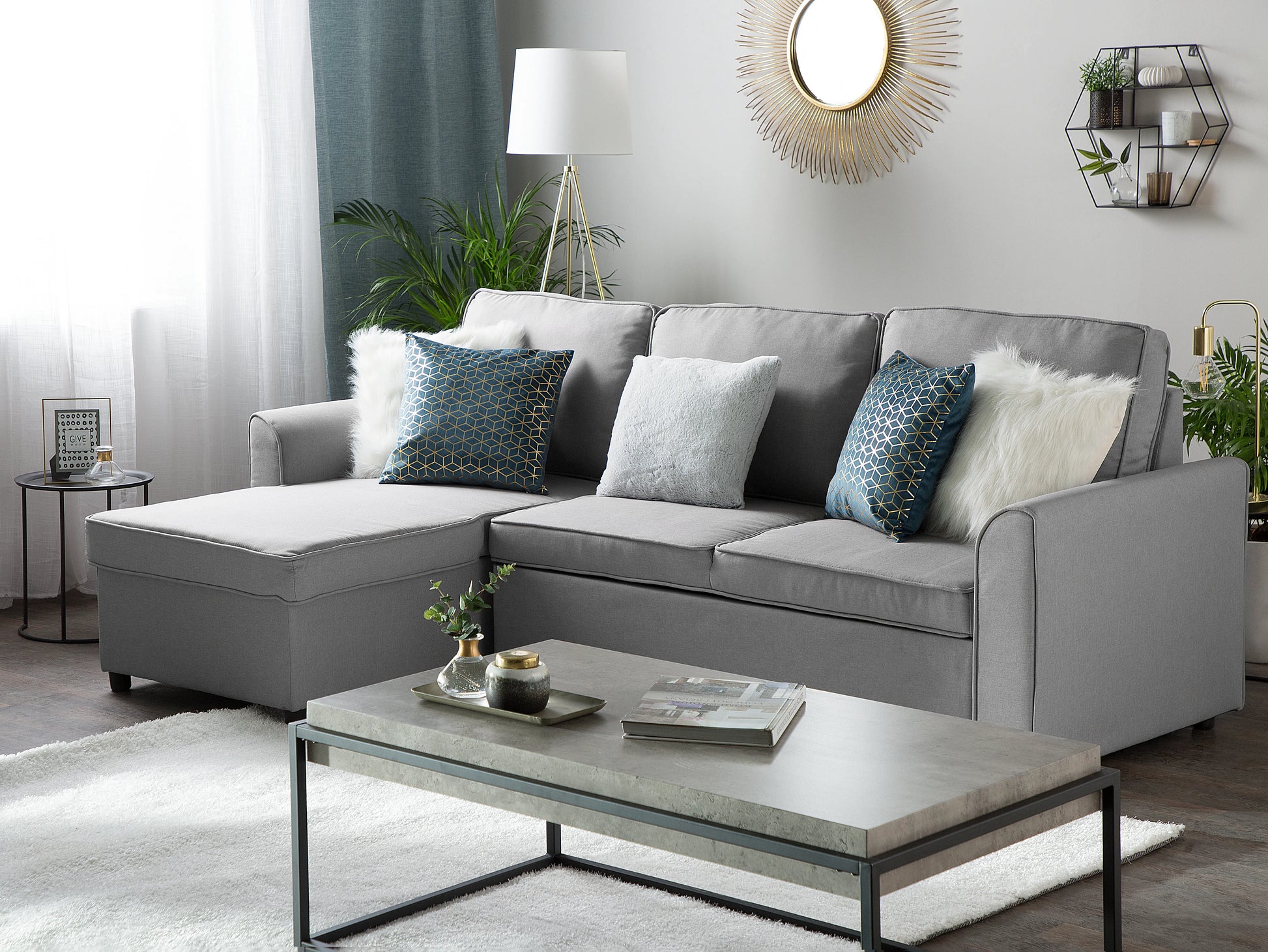  Corner Sofa Bed 3 Seater NESNA Fabric Light Grey With Storage Right Hand