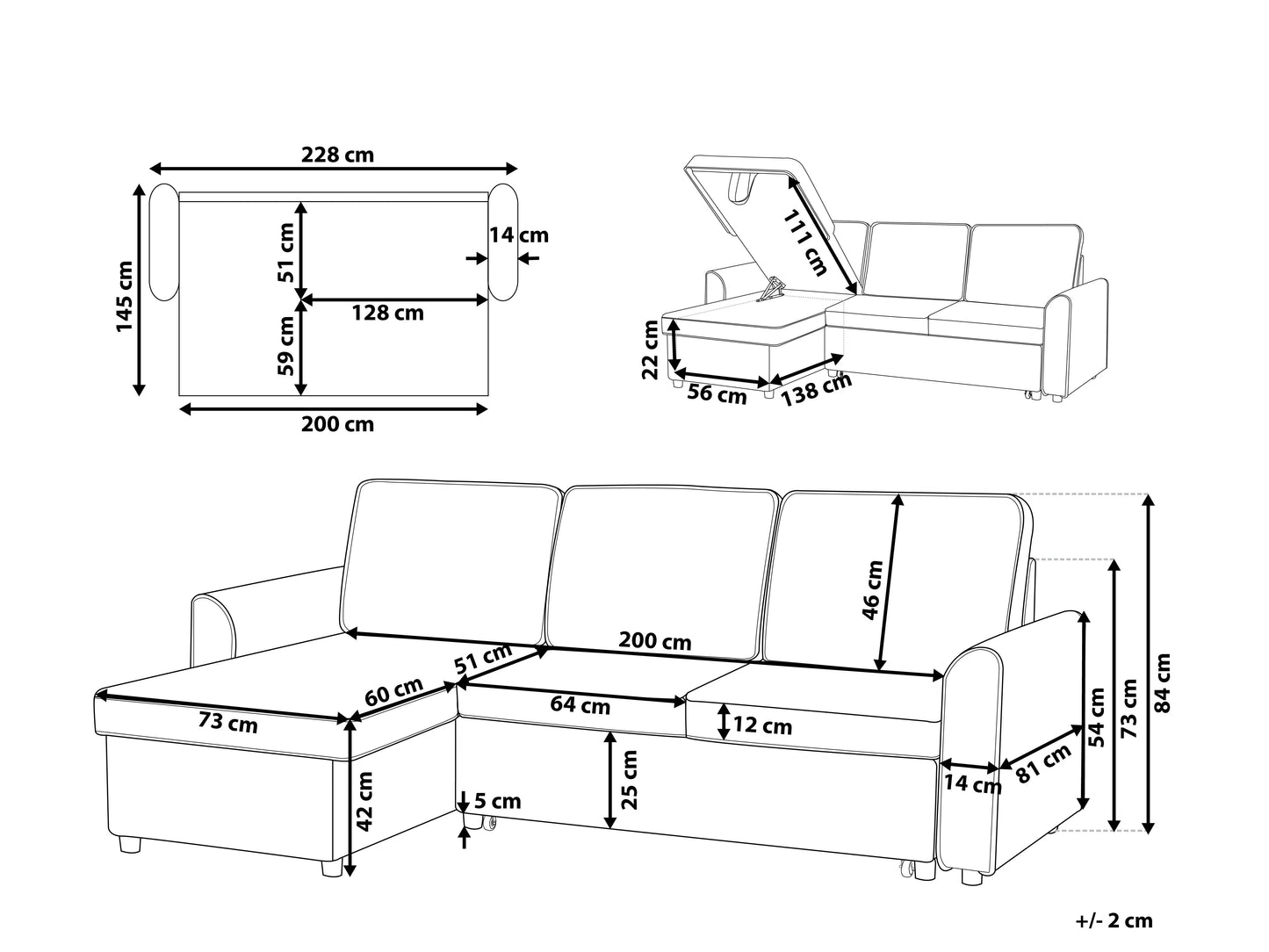  Corner Sofa Bed 3 Seater NESNA Fabric Black With Storage Right Hand