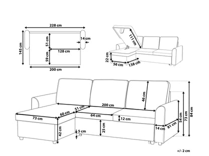  Corner Sofa Bed 3 Seater NESNA Fabric Black With Storage Right Hand