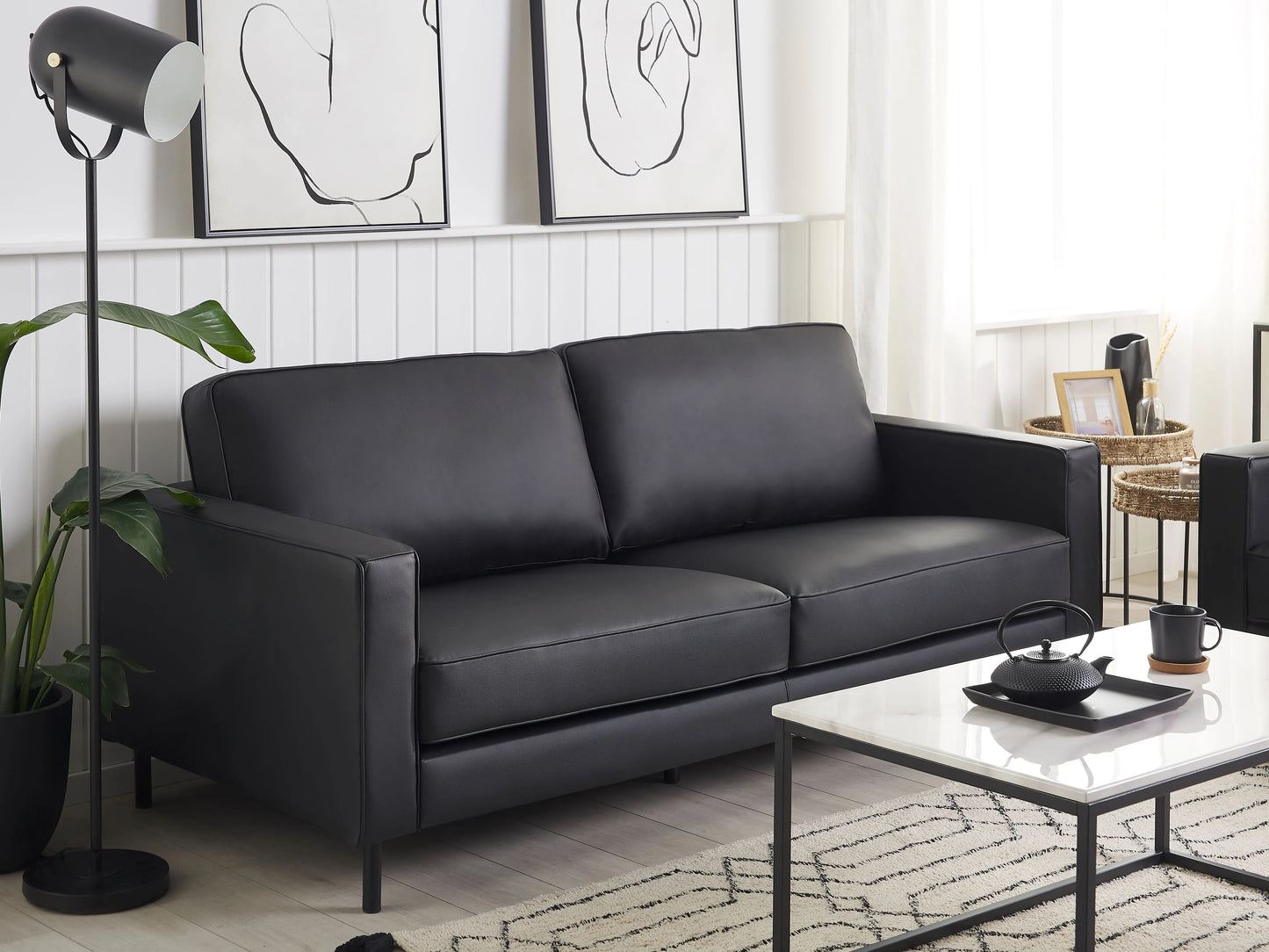  Sofa 3 Seater SAVALEN Leather Black