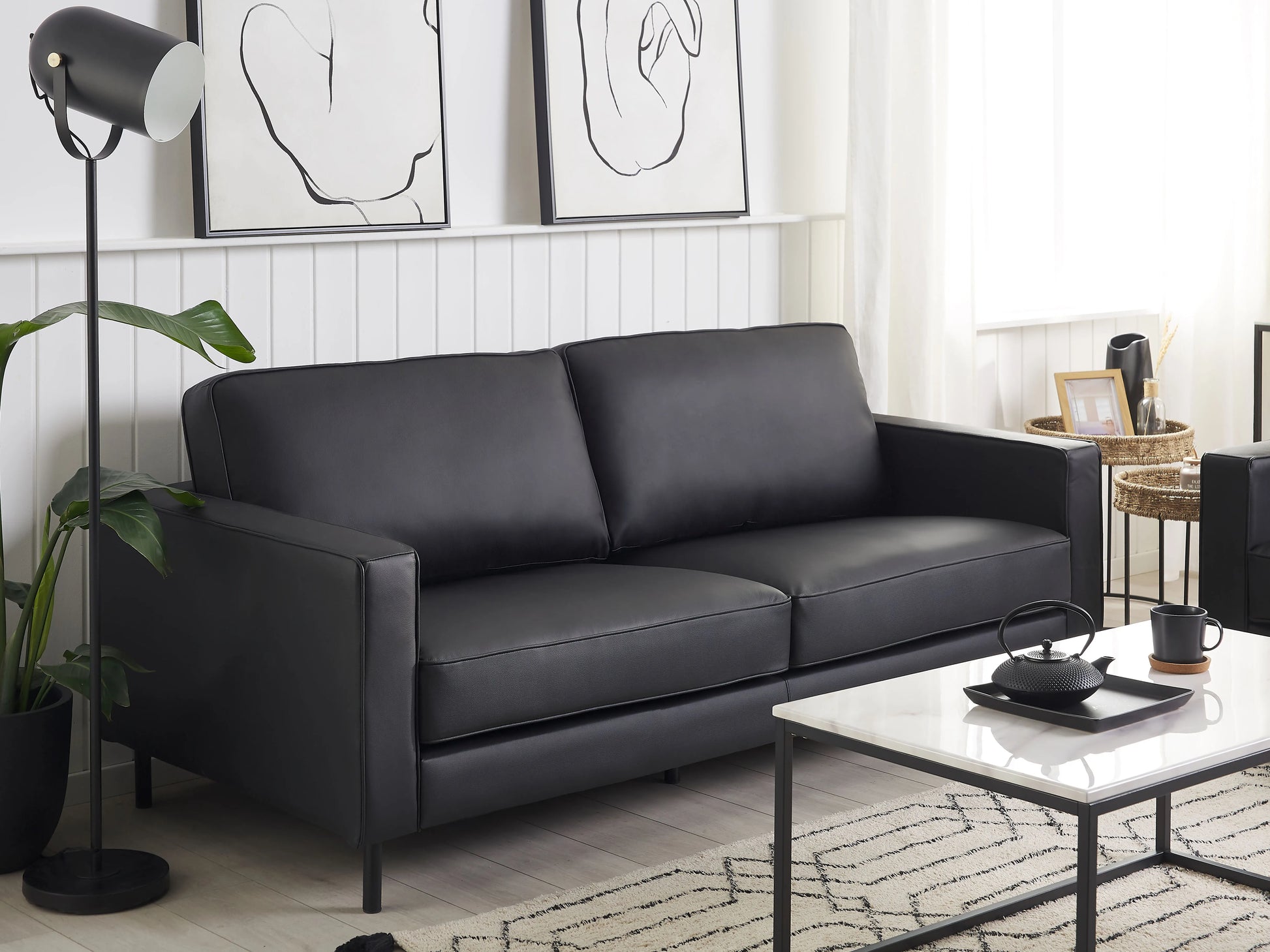  Sofa 3 Seater SAVALEN Leather Black