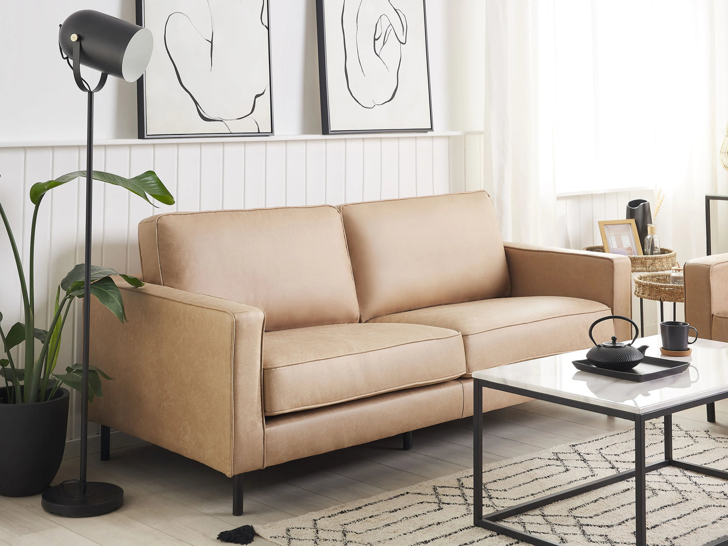  Sofa 3 Seater SAVALEN Faux Leather Beige