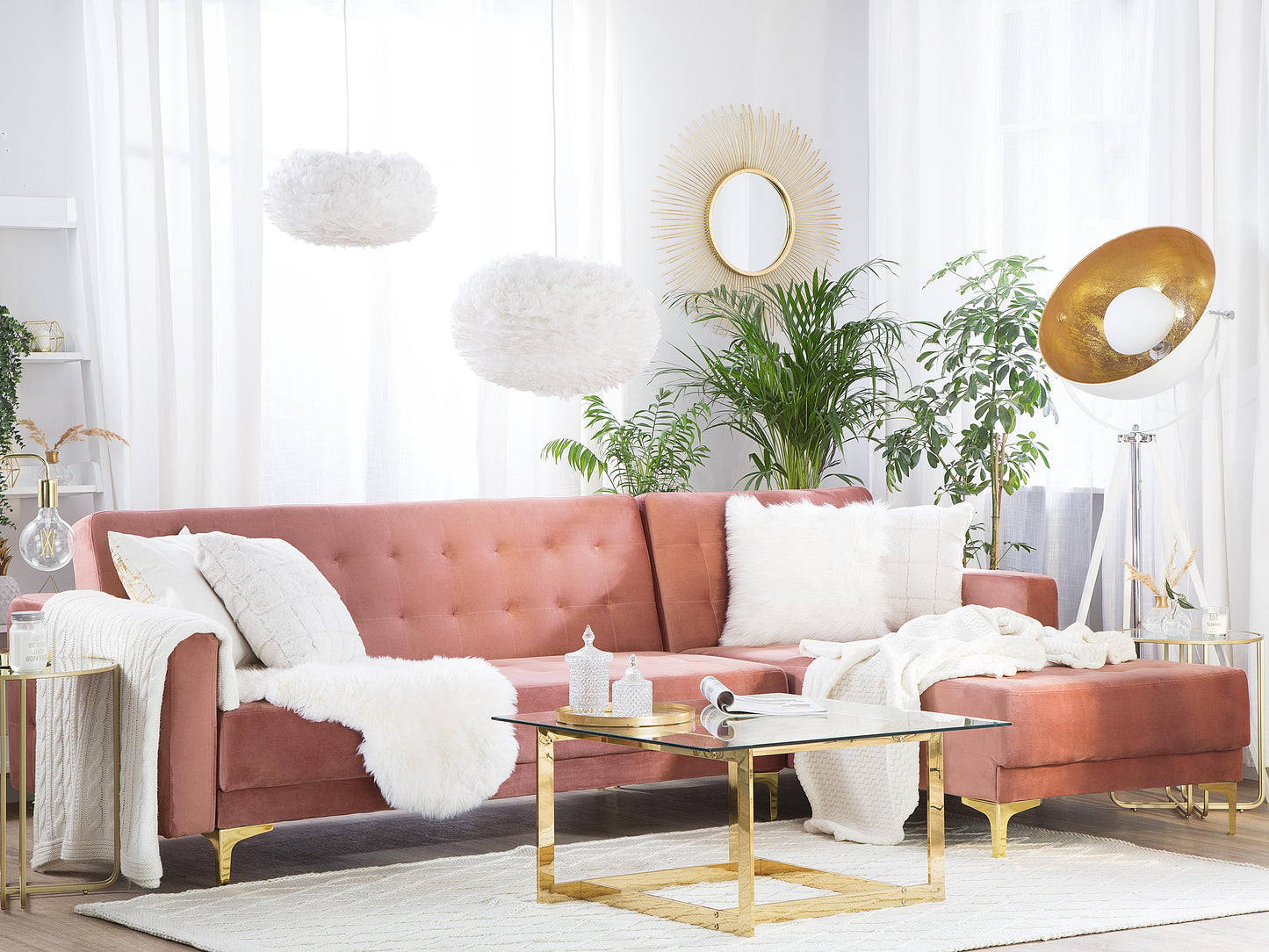  Modular Corner Sofa Bed 4 Seater ABERDEEN Velvet Pink Left Hand