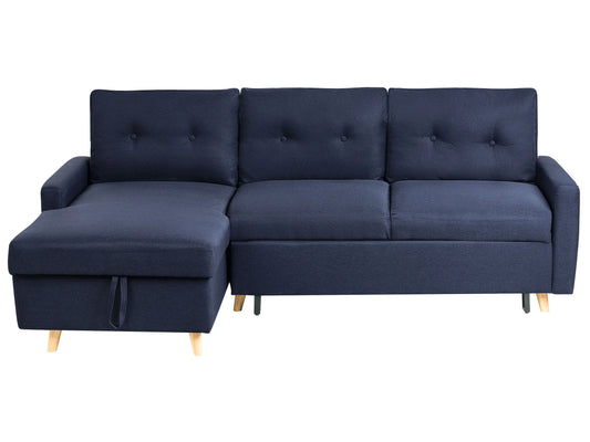  Corner Sofa Bed 4 Seater FLAKK Fabric Navy Blue With Storage Right Hand