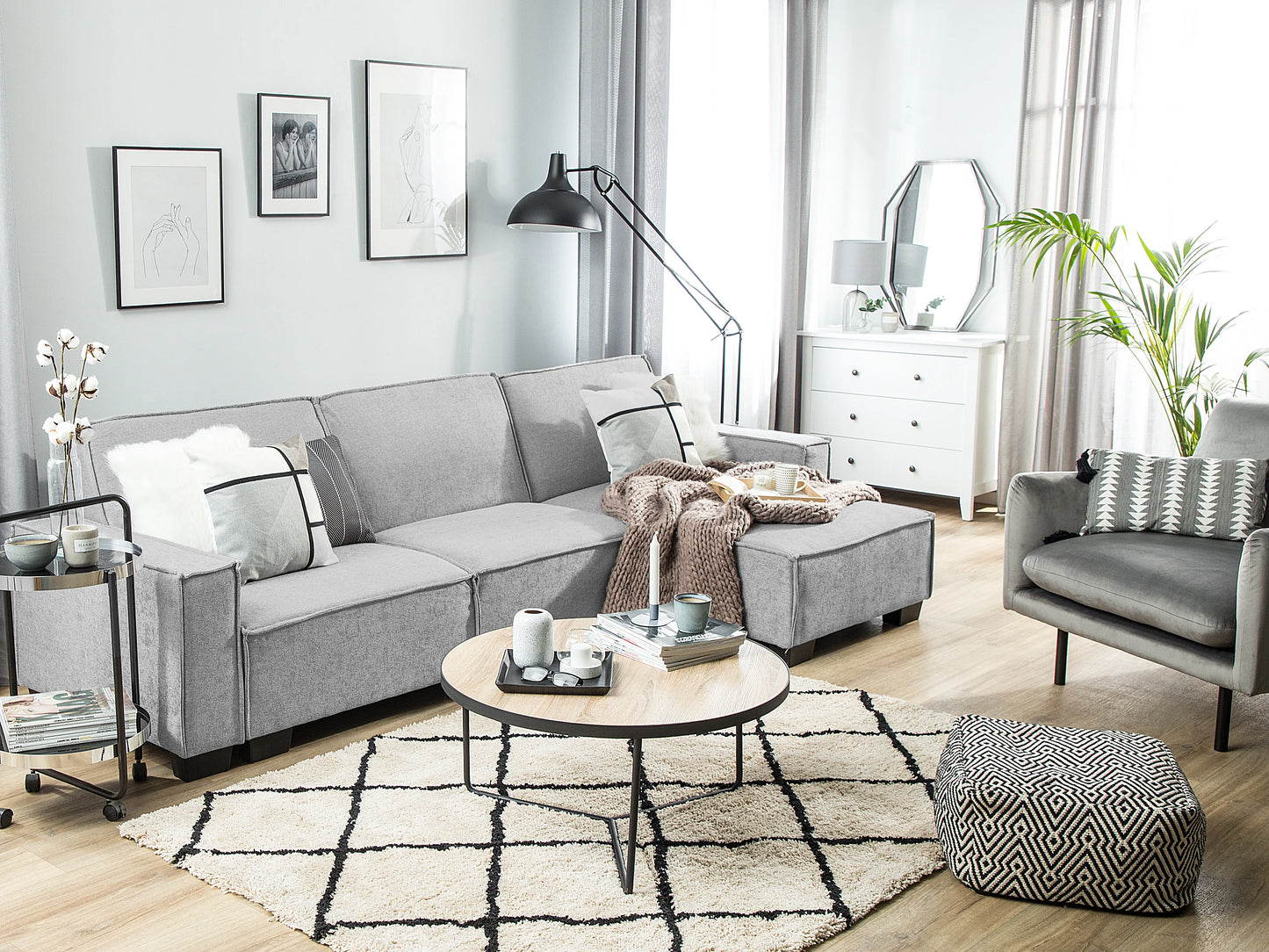  Corner Sofa Bed 3 Seater ROMEDAL Fabric Light Grey Left Hand