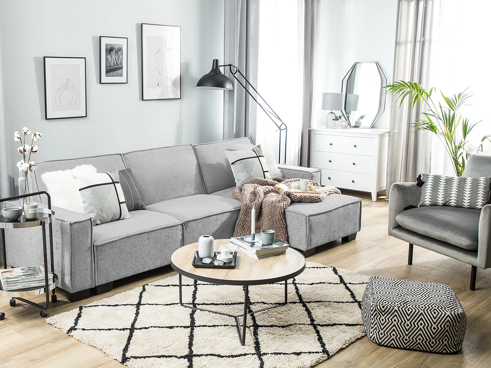  Corner Sofa Bed 3 Seater ROMEDAL Fabric Light Grey Left Hand