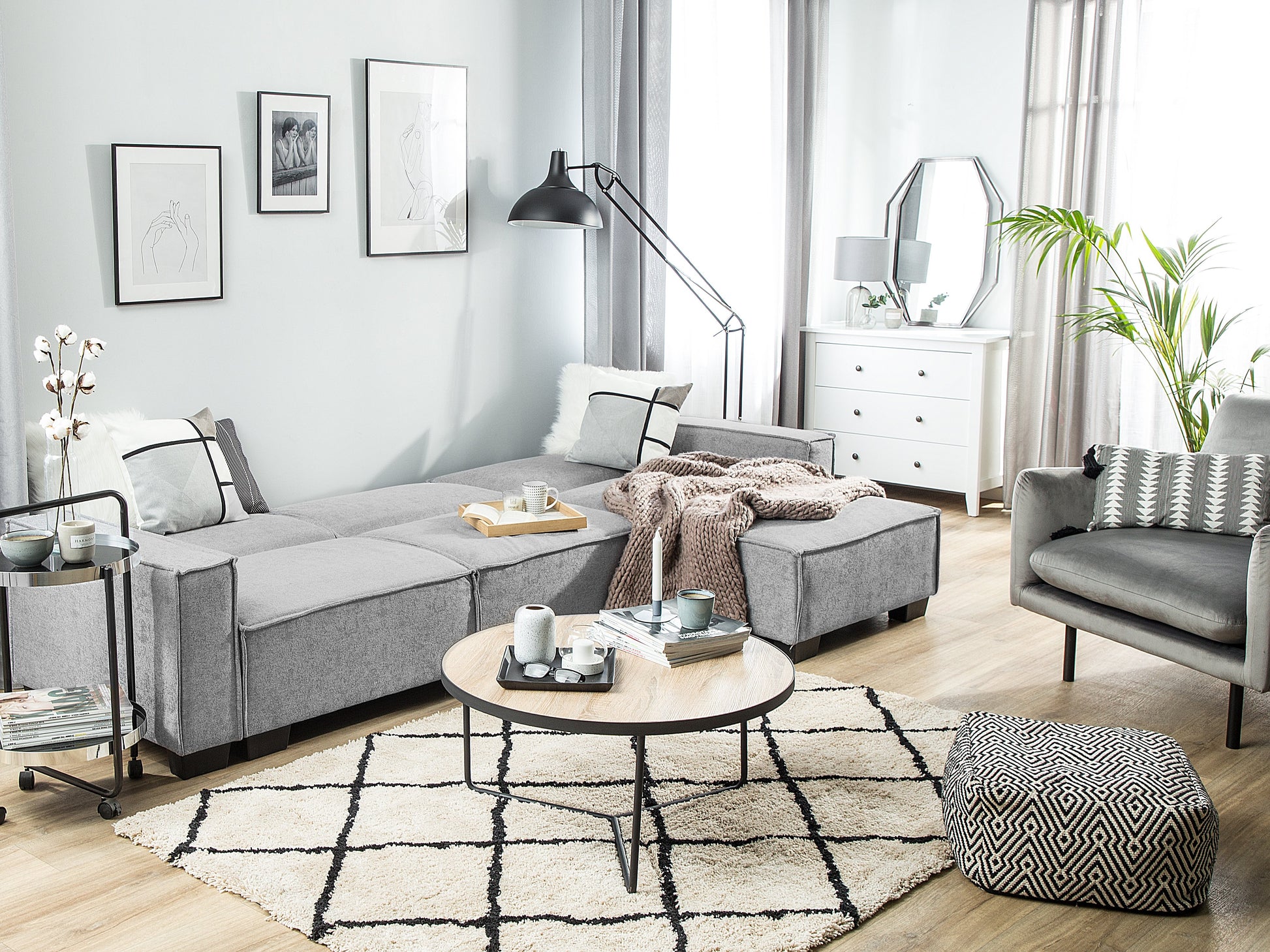  Corner Sofa Bed 3 Seater ROMEDAL Fabric Light Grey Left Hand