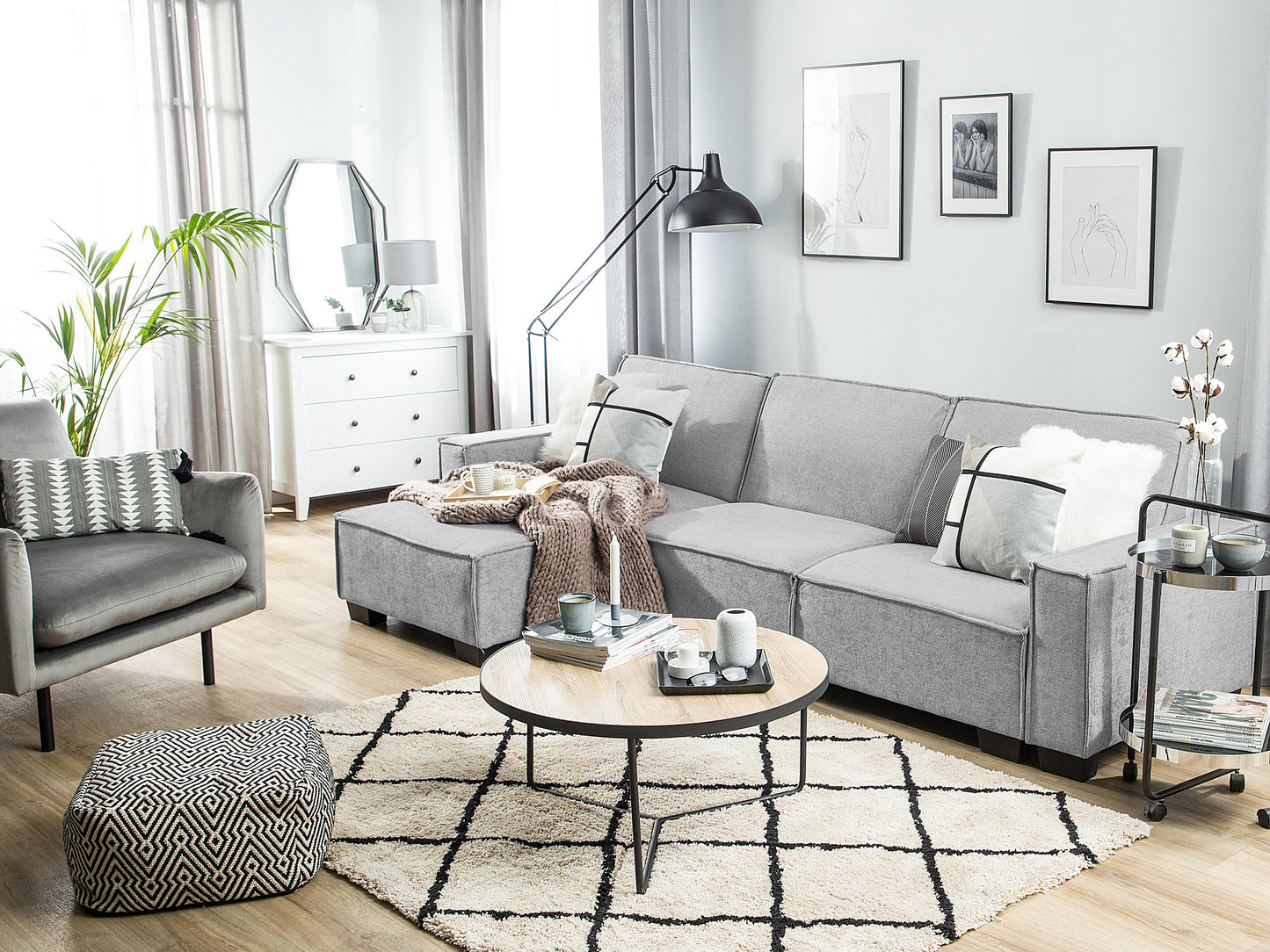  Corner Sofa Bed 3 Seater ROMEDAL Fabric Light Grey Right Hand