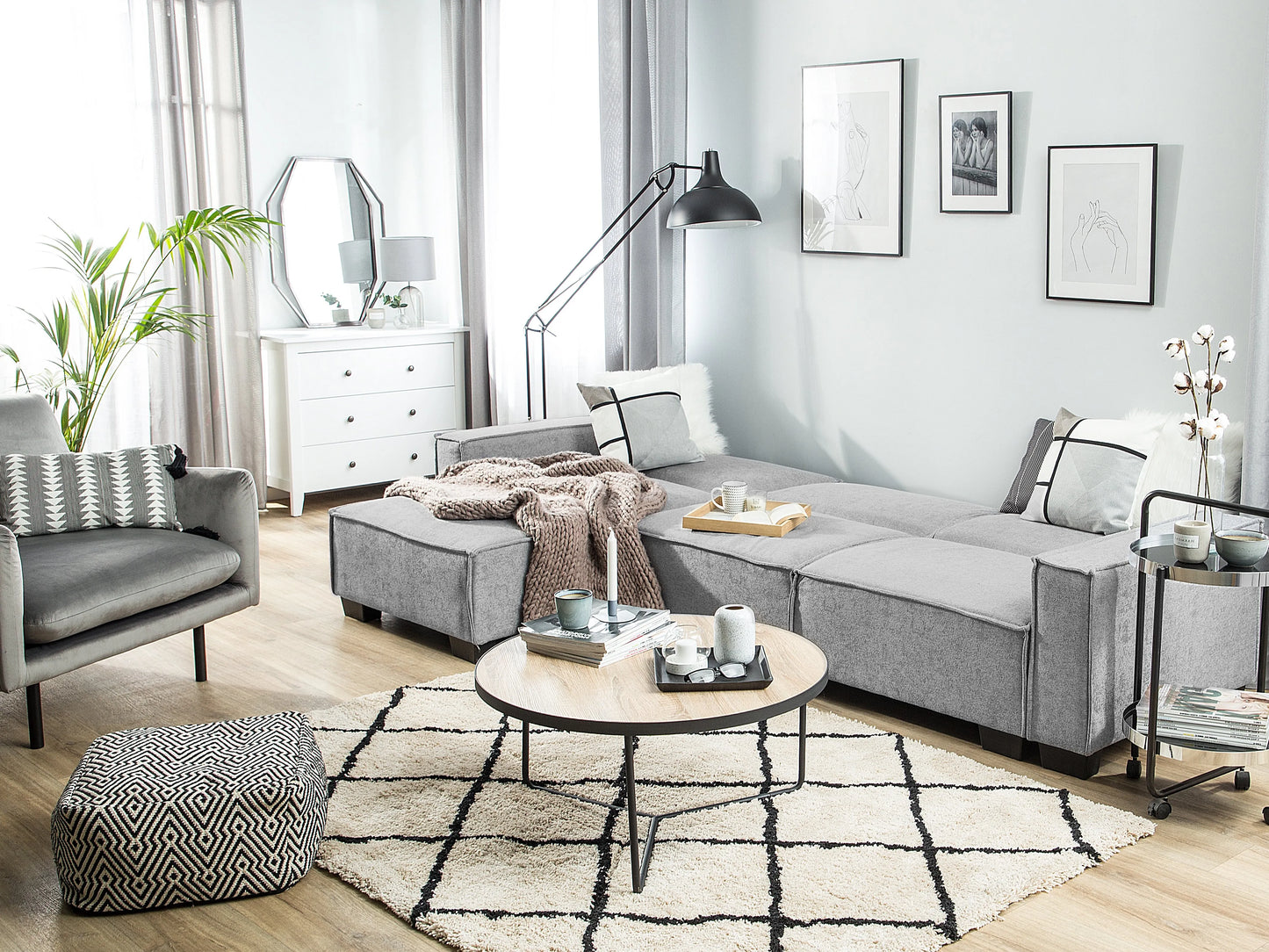  Corner Sofa Bed 3 Seater ROMEDAL Fabric Light Grey Right Hand