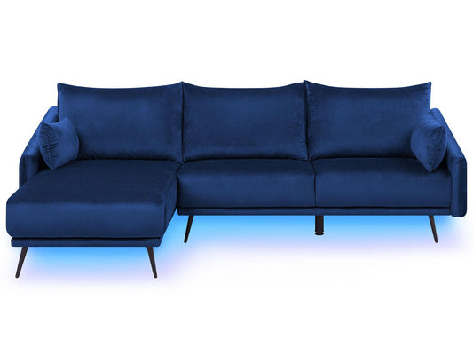  Corner Sofa 3 Seater VARDE Velvet Navy Blue LED Right Hand