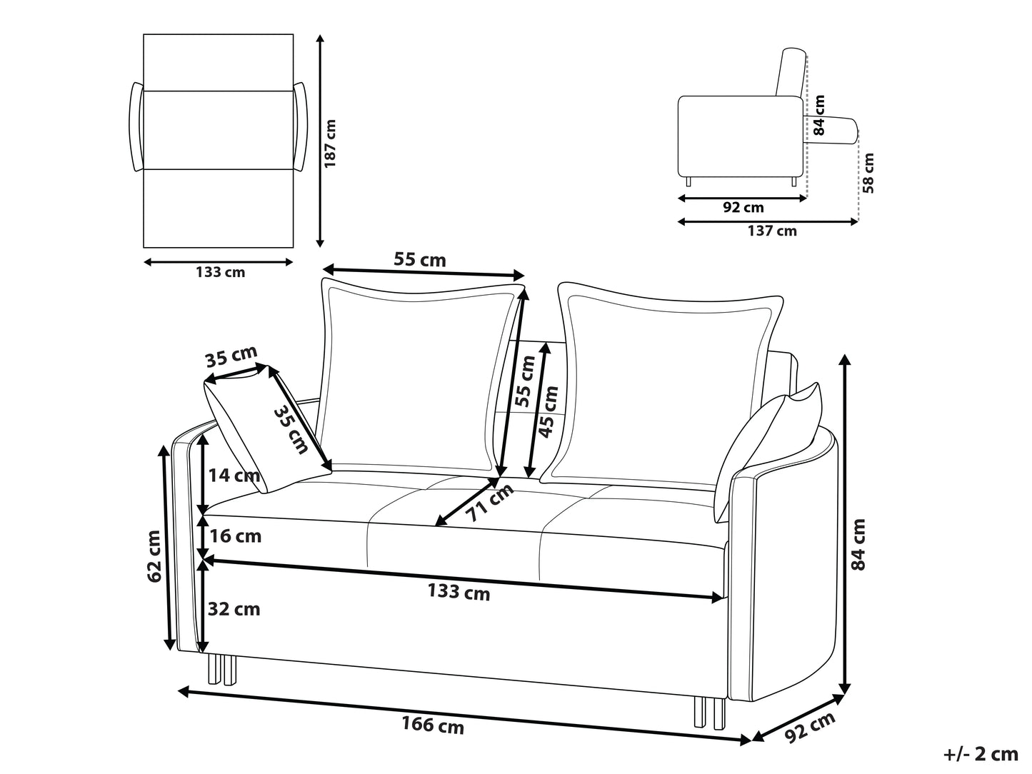  Sofa Bed 2 Seater HOVIN Fabric Grey