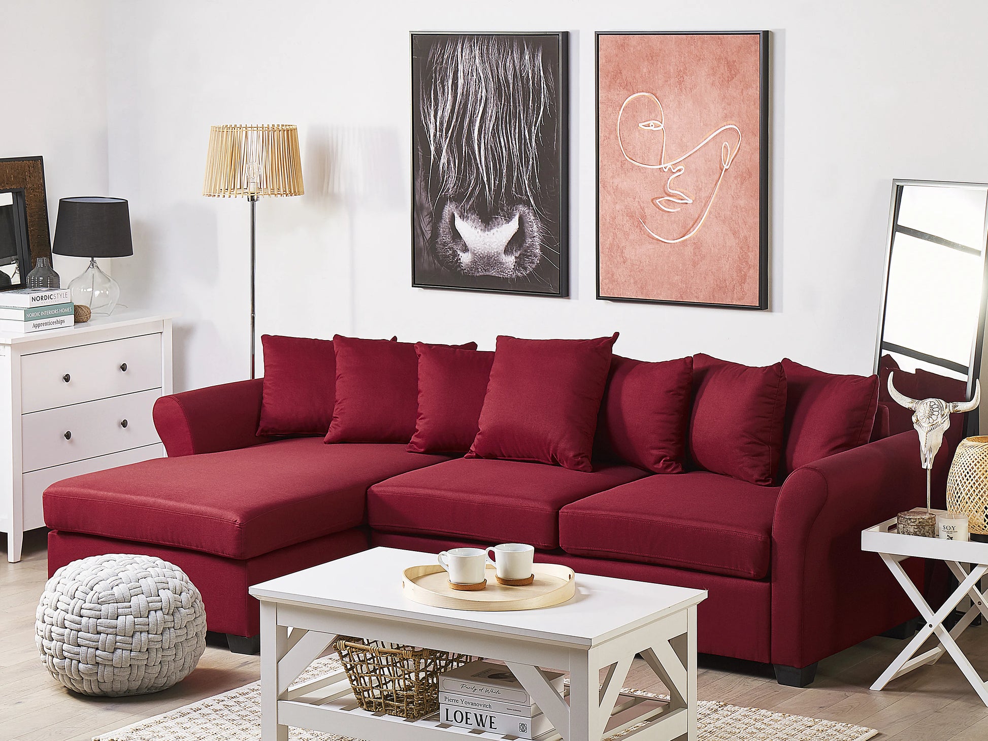  Corner Sofa 3 Seater VIKNA Fabric Dark Red Right Hand