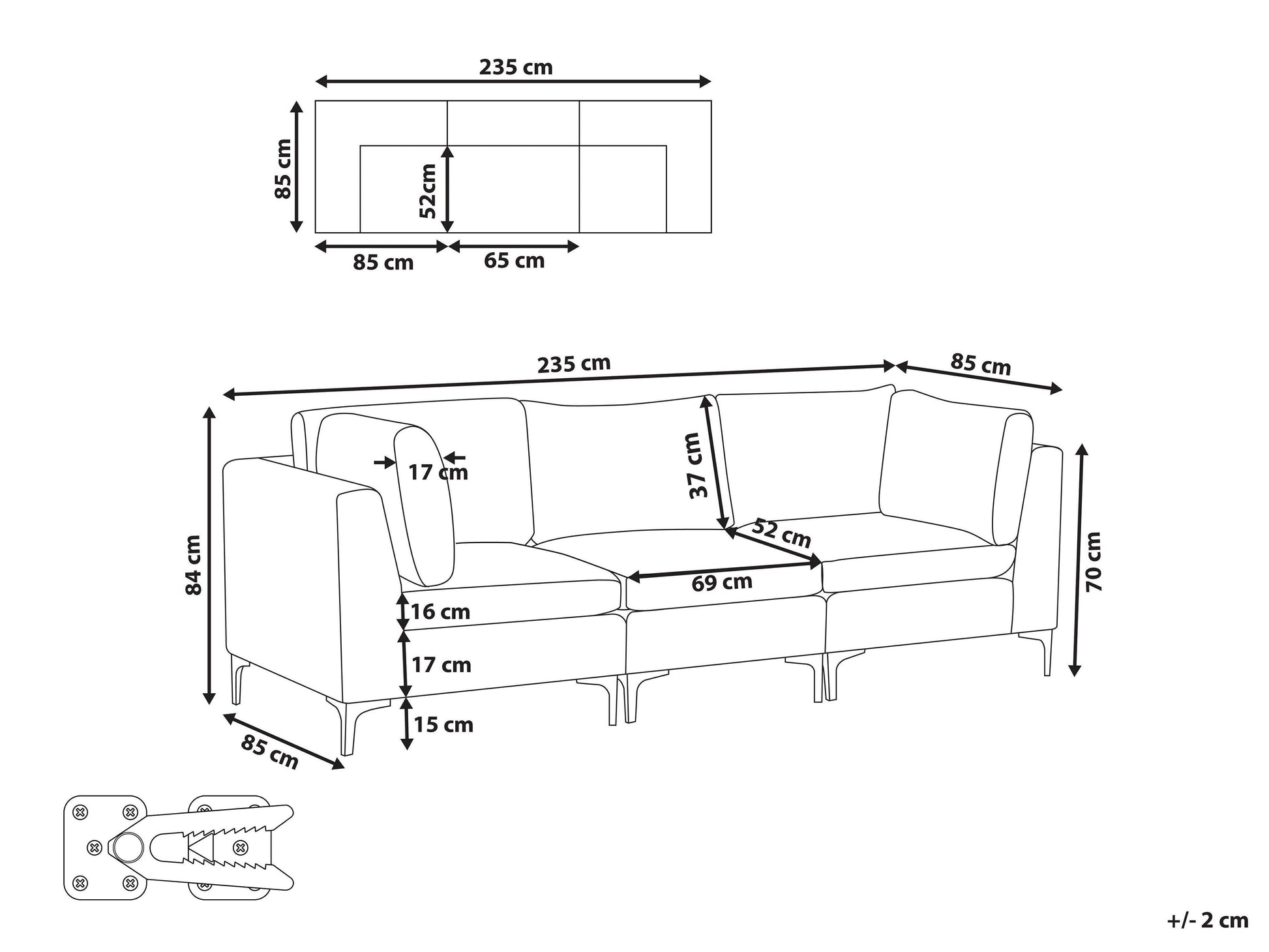  Modular Sofa 3 Seater EVJA Velvet Grey