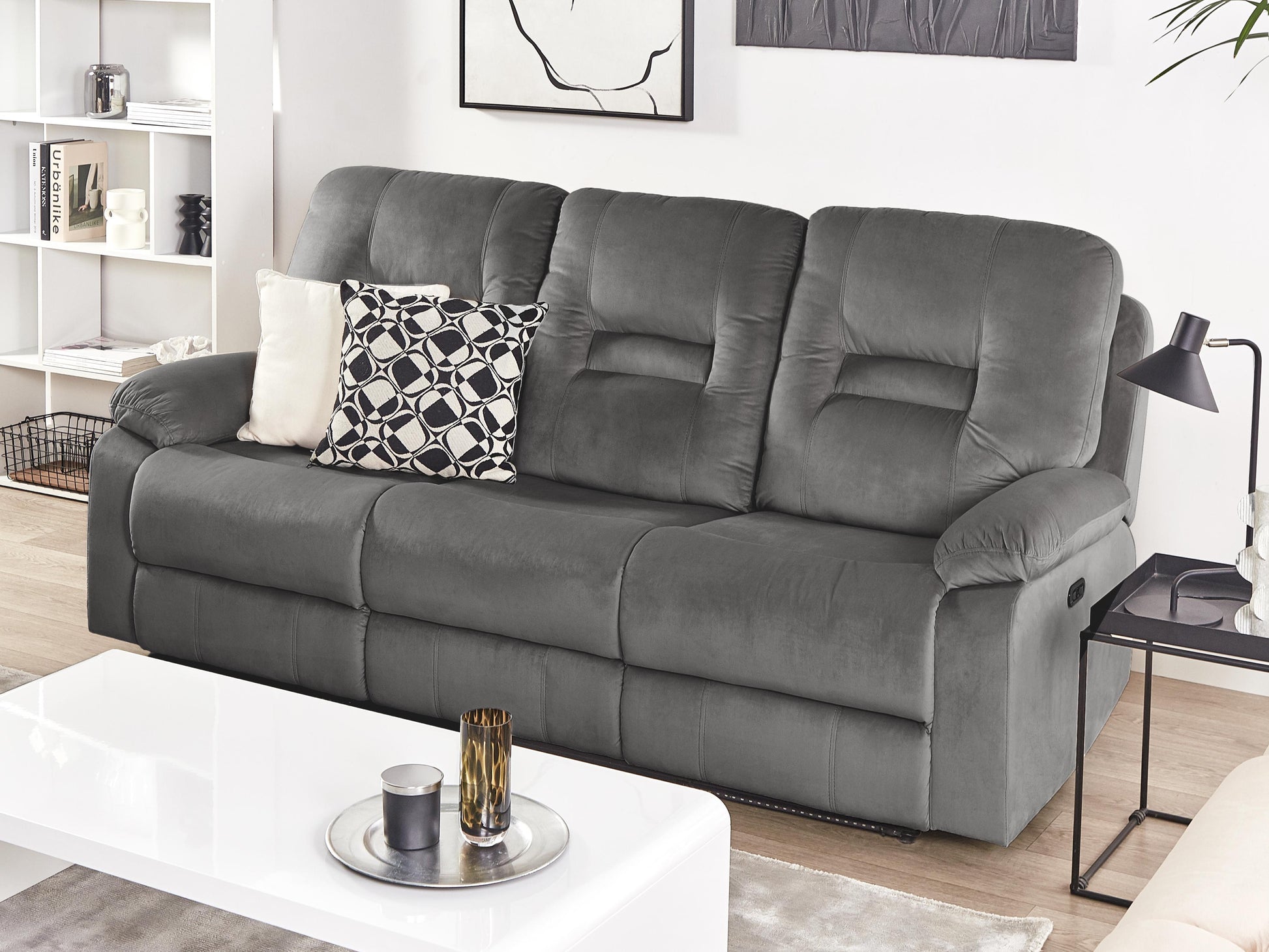  Electric Recliner Sofa 3 Seater BERGEN Velvet Dark Grey With USB Port