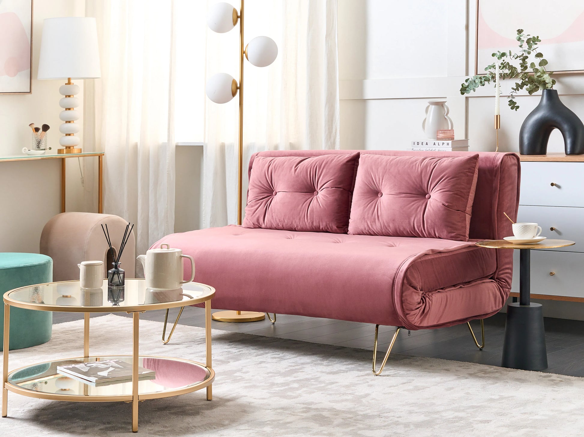  Sofa Bed 2 Seater VESTFOLD Velvet Pink