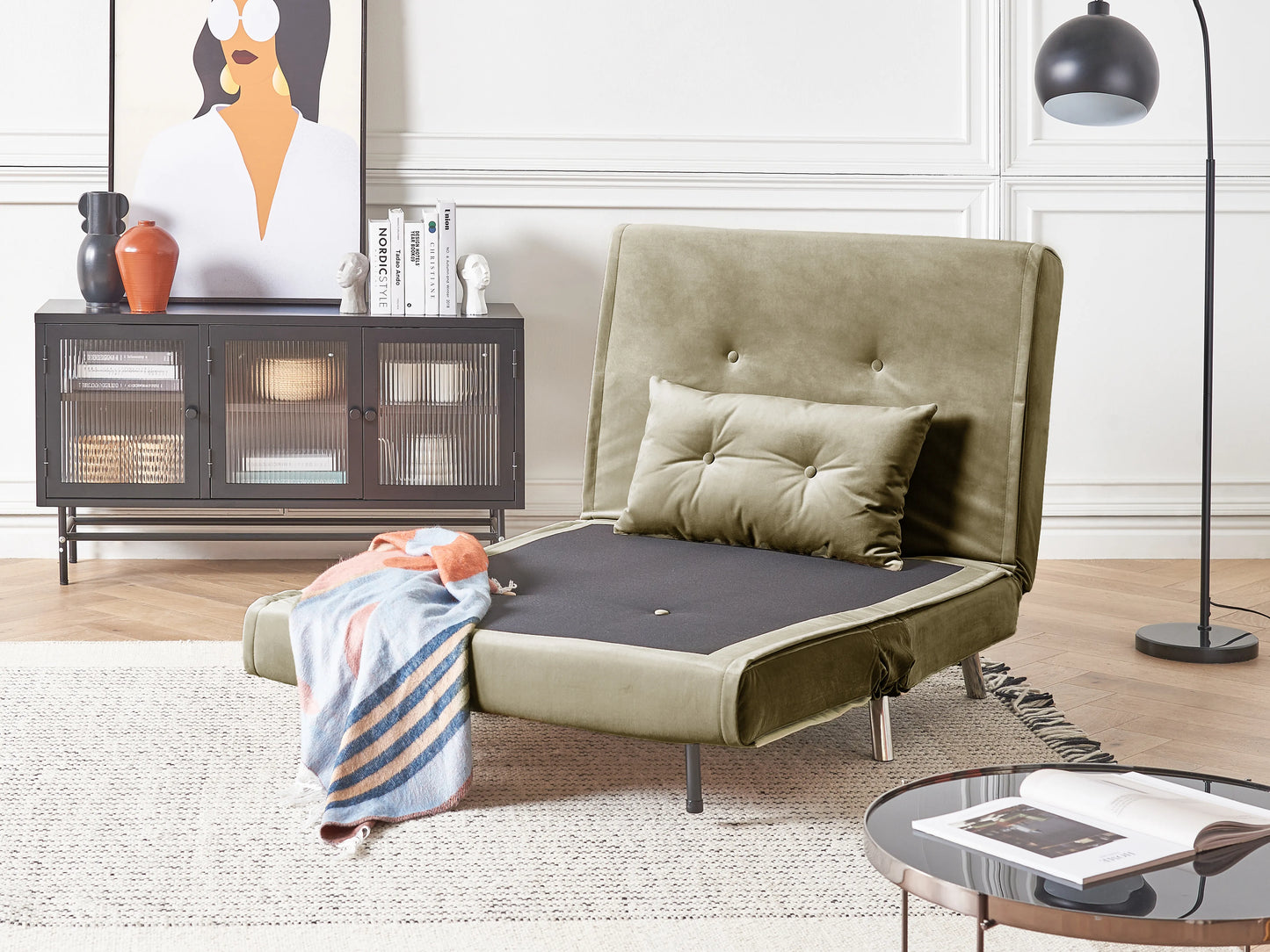  Single Sofa Bed FARRIS Velvet Olive Green