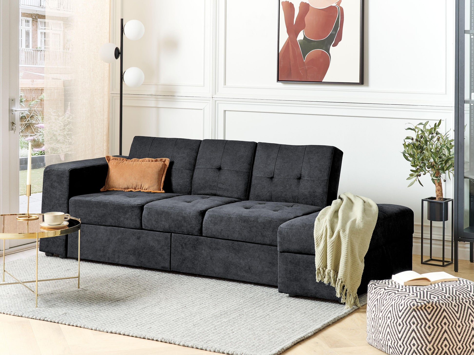  Sofa Bed 3 Seater FALSTER Fabric Black With Storage