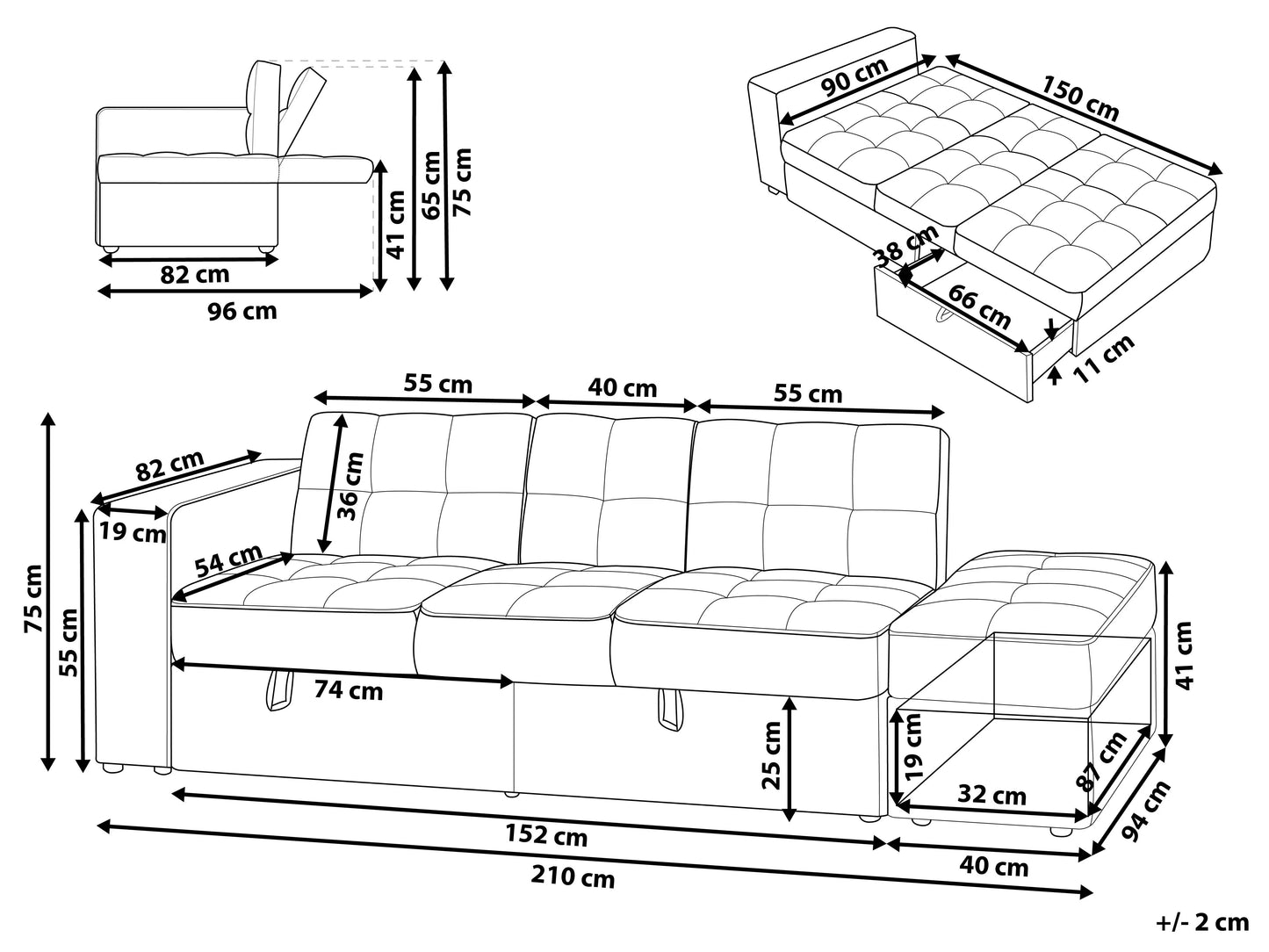  Sofa Bed 3 Seater FALSTER Fabric Black With Storage