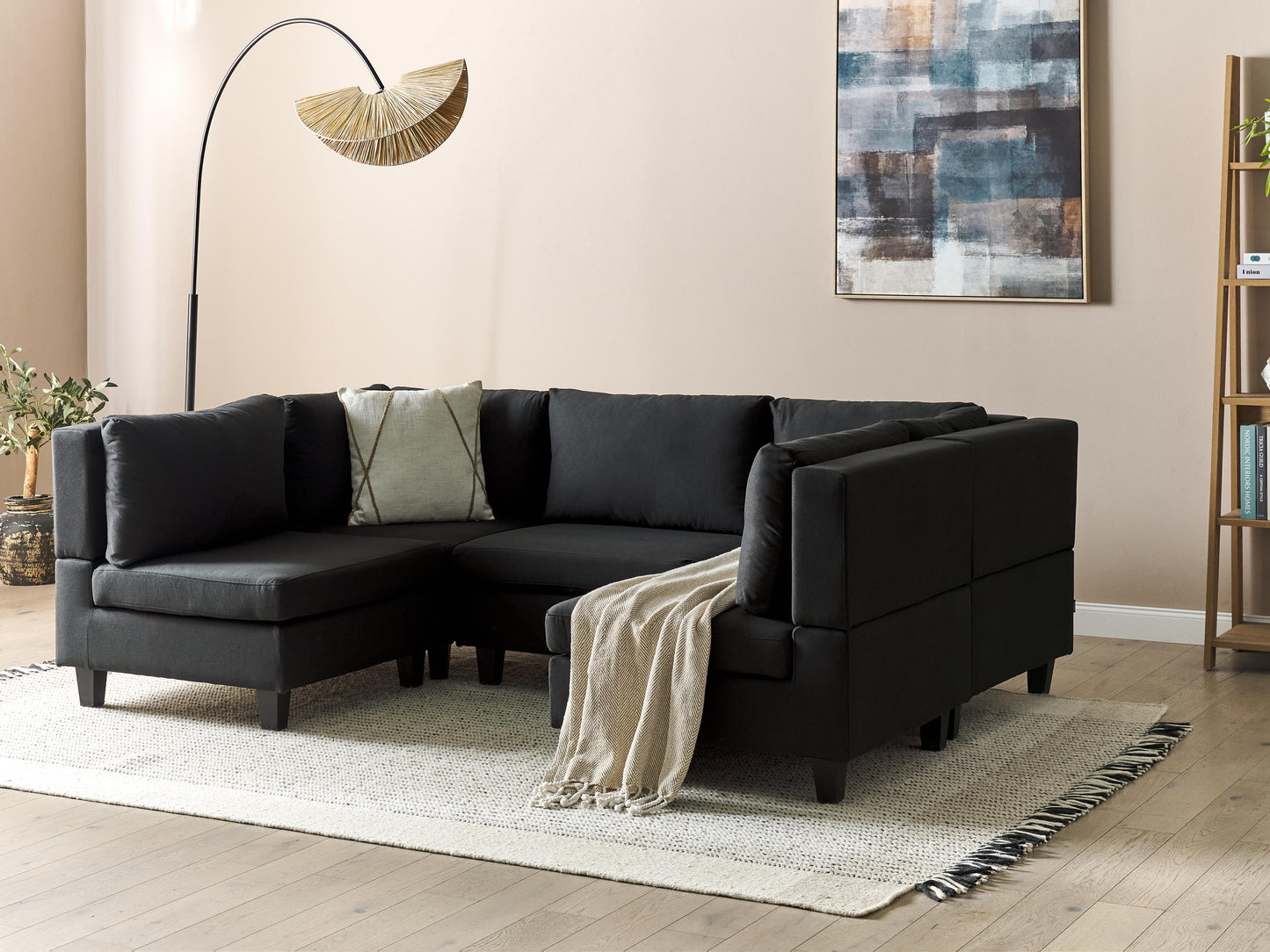  Modular U-Shape Sofa 5 Seater UNSTAD Fabric Black