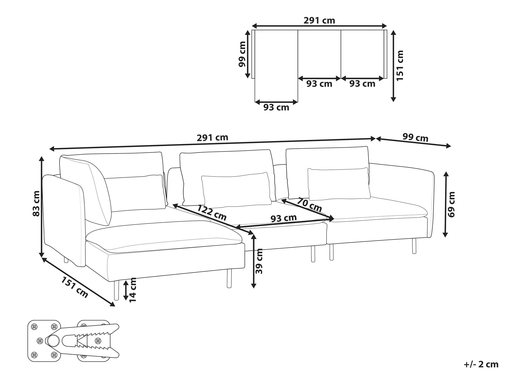  Modular Corner Sofa 3 Seater EGERIS Fabric Light Grey Right Hand