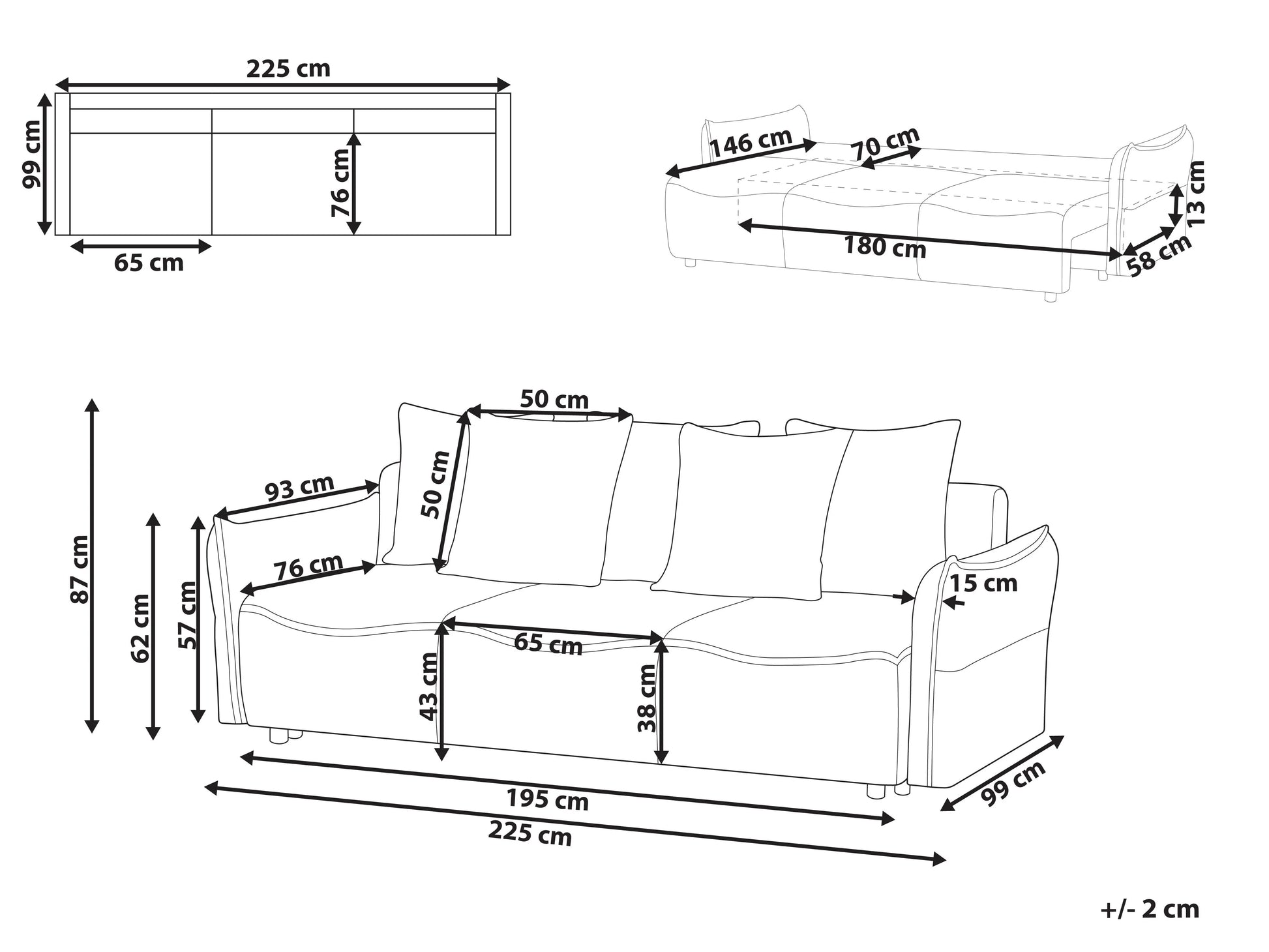  Sofa Bed 3 Seater KRAMA Fabric Off-White With Storage