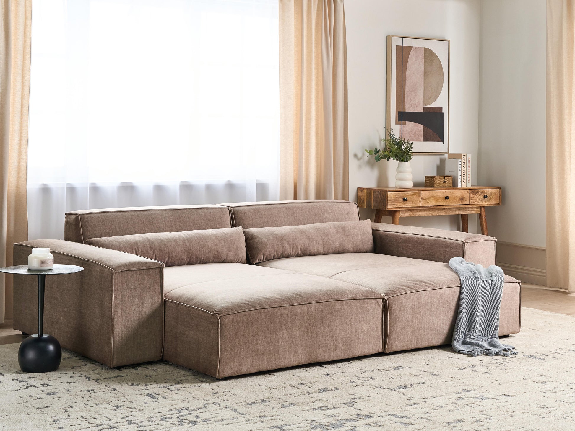  Left-Hand Chaise Lounge HELLNAR Fabric Light Brown