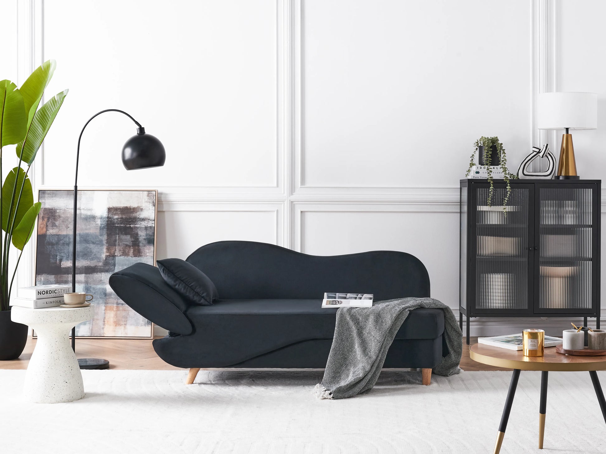  Left-Hand Chaise Lounge MERI Velvet Black With Storage