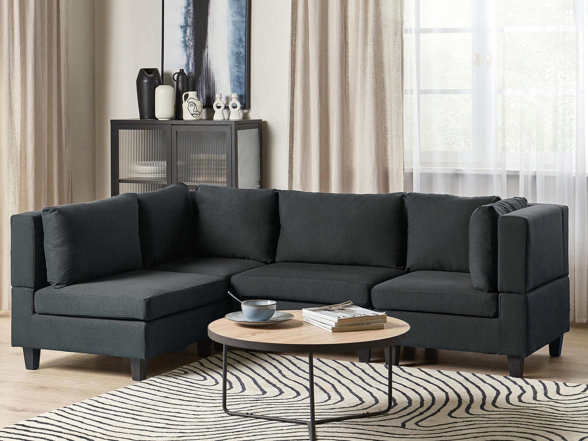  Modular Corner Sofa 4 Seater UNSTAD Fabric Black Right Hand